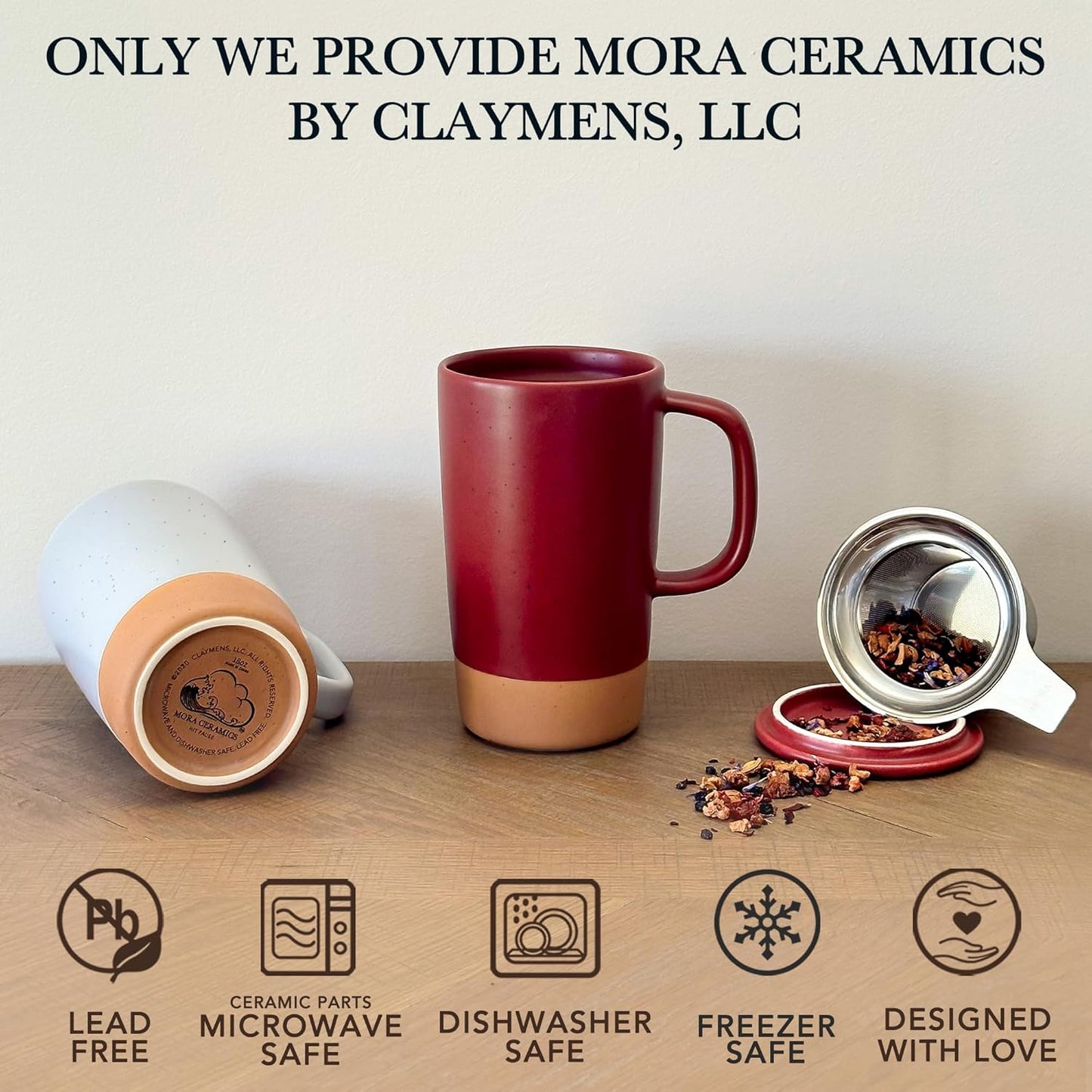 Mora Ceramics Large Tea Mug with Loose Leaf Infuser and Ceramic Lid, 18 oz, Portable, Microwave and Dishwasher Safe, Tall Coffee Cup - Rustic Matte Ceramic Glaze, Modern Herbal Tea Strainer, Merlot