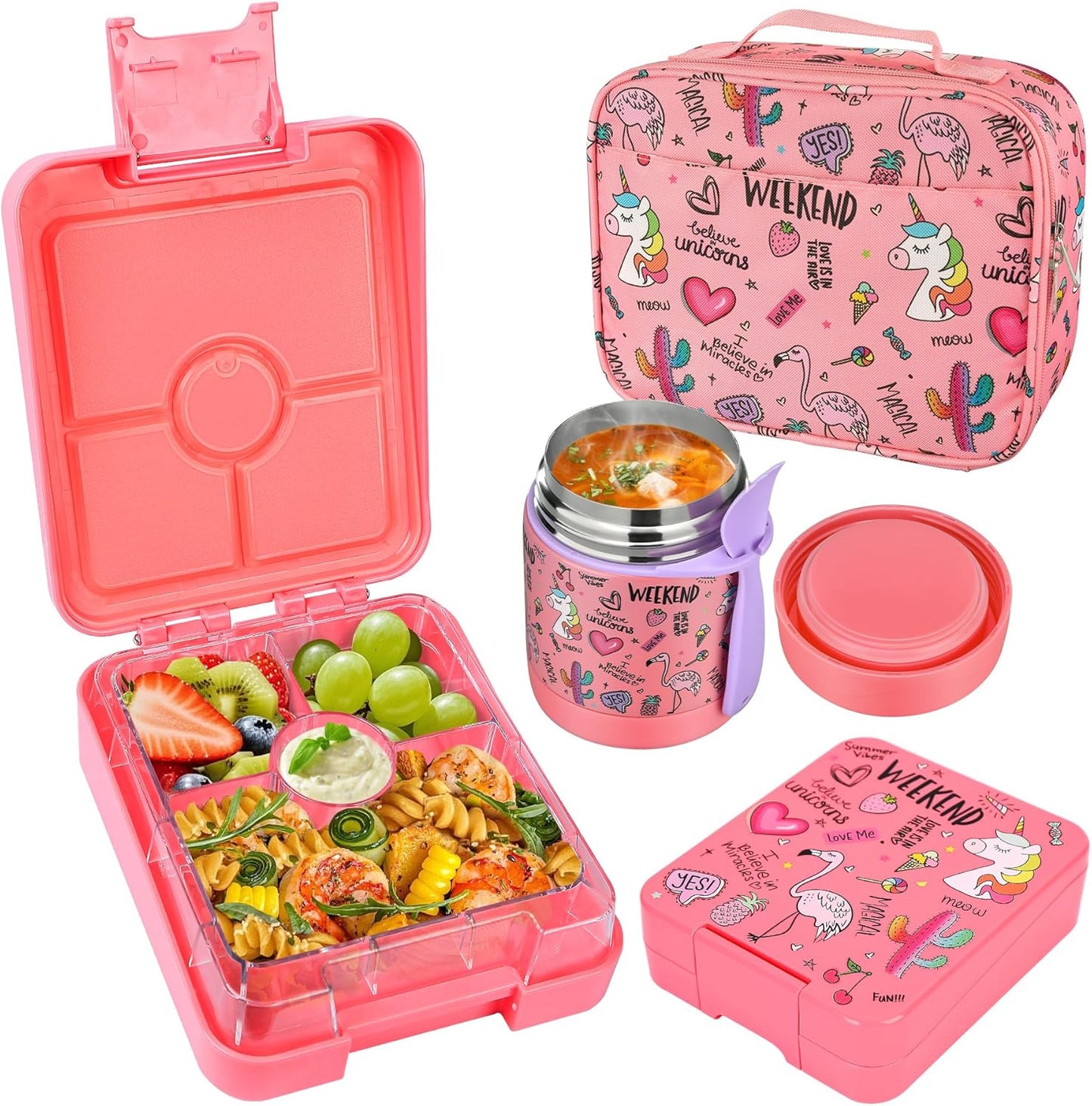 Bento Lunch Box Set With 10oz Soup Thermo, Leak-proof Lunch Containers with 4 Compartment, Kids Hot Thermo Food Jar/Insulation Lunch Bag, Food Containers for School（Flamingo）