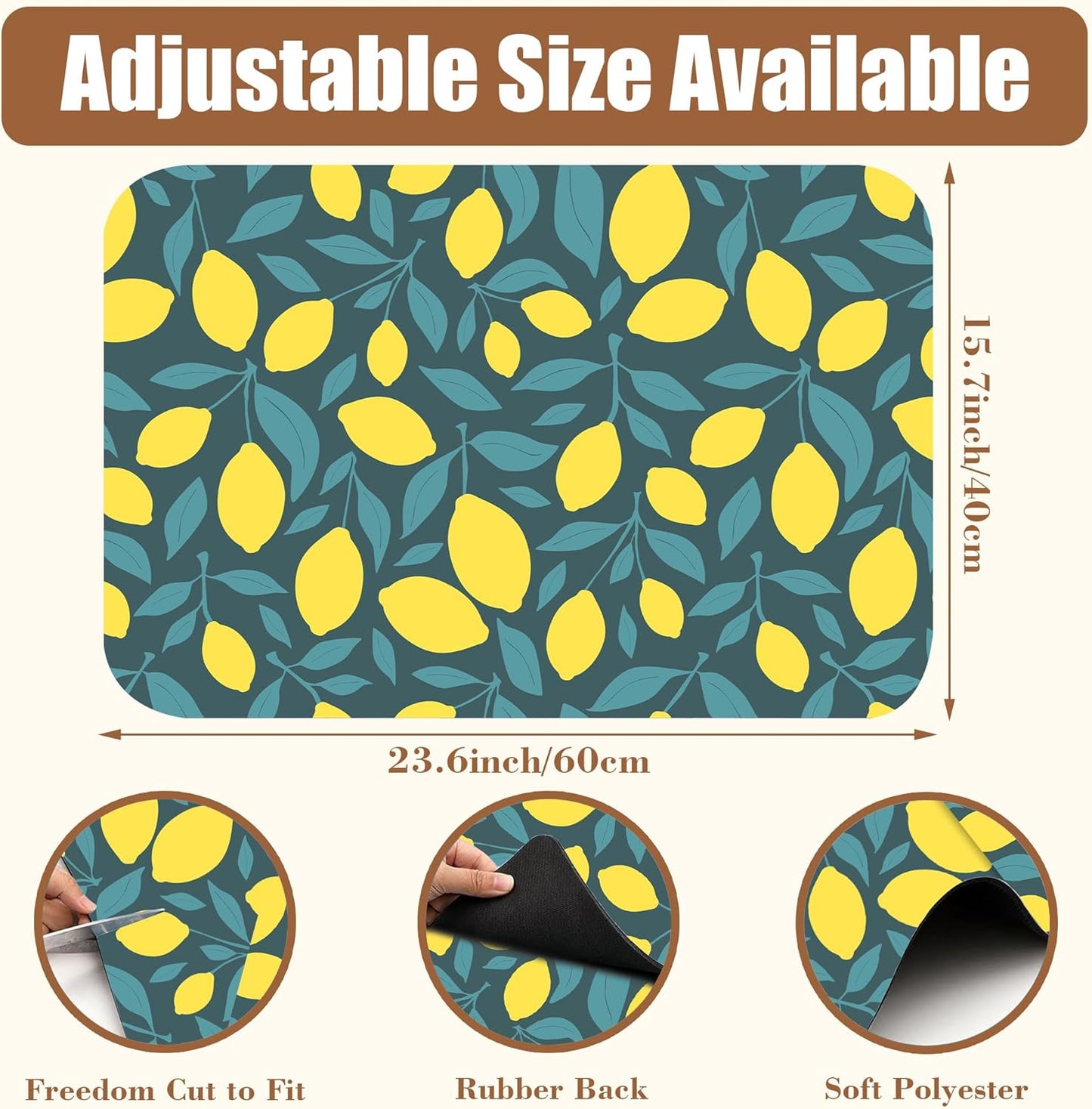 Yellow Lemon and Leaves Coffee Mat Absorbent Dish Drying Mat for Kitchen Counter Hide Stain Rubber Backed Coffee Bar Accessories Fit Under Espresso Machine 15.7 x 23.6 Inch