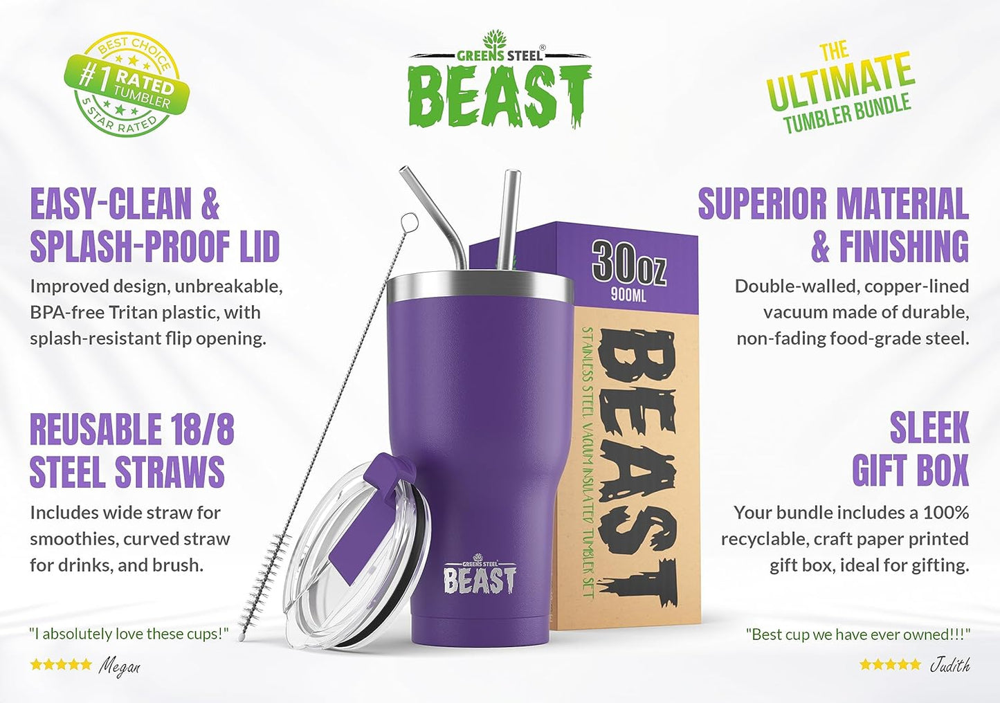 Beast 30 oz Tumbler Stainless Steel Vacuum Insulated Coffee Ice Cup Double Wall Travel Flask (Purple)