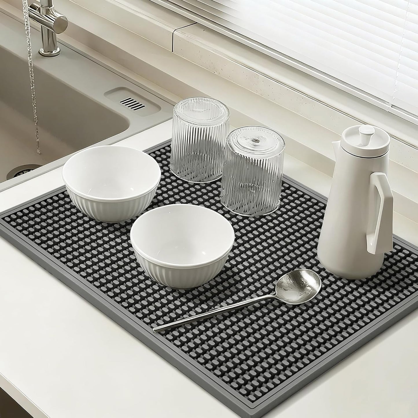 dish drying mat - 18" x 12" Grey silicone drying mat , kitchen counter dish drying mats,rubber dish drying mat, Applies to bar mat、coffee mat