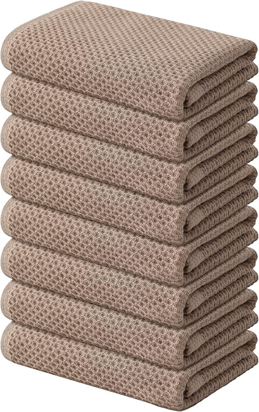 Kitinjoy 100% Cotton Waffle Weave Kitchen Towels, 8-Pack Super Soft and Absorbent Dish Towels for Drying Dishes, Kitchen Hand Towels, 13 in x 28 in, Tan