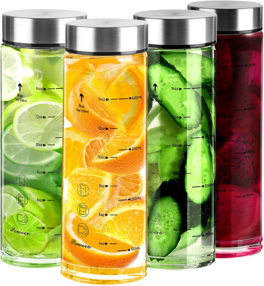 Glass Juice Bottles 4 Pack 16 oz - Wide Mouth Glass Water Bottles with Lids - for Juicing, Protein, Smoothie, Milk, Reusable, BPA Free, Stainless Steel Lids, Blender, Shaker Bottle [16oz/500ml]