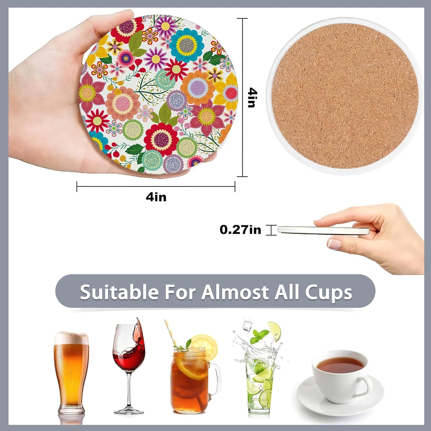 6 Pcs Coasters for Drinks with Holder,Retro Colorful Daisy Flowers 70s Hippie Floral Absorbent Coaster with Cork Backing,Great Gift for Housewarming,Room Decor,Bar,Holiday Party