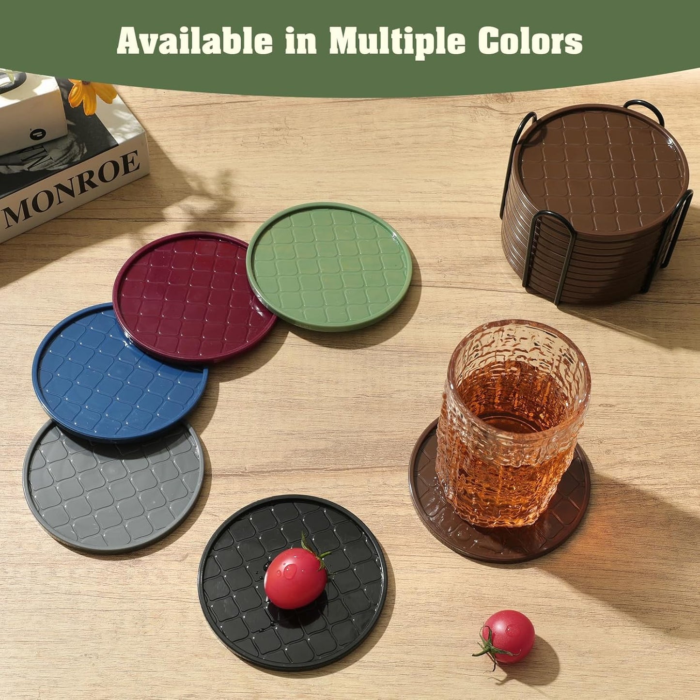 Coasters Set of 8,Hot or Cold Drink Coasters with Holder,Modern Style Coffee Table Coaster,Suitable for Kinds Cups Beer,Drink,Anti-Overflow Tabletop Protection(Green, 8pcs)