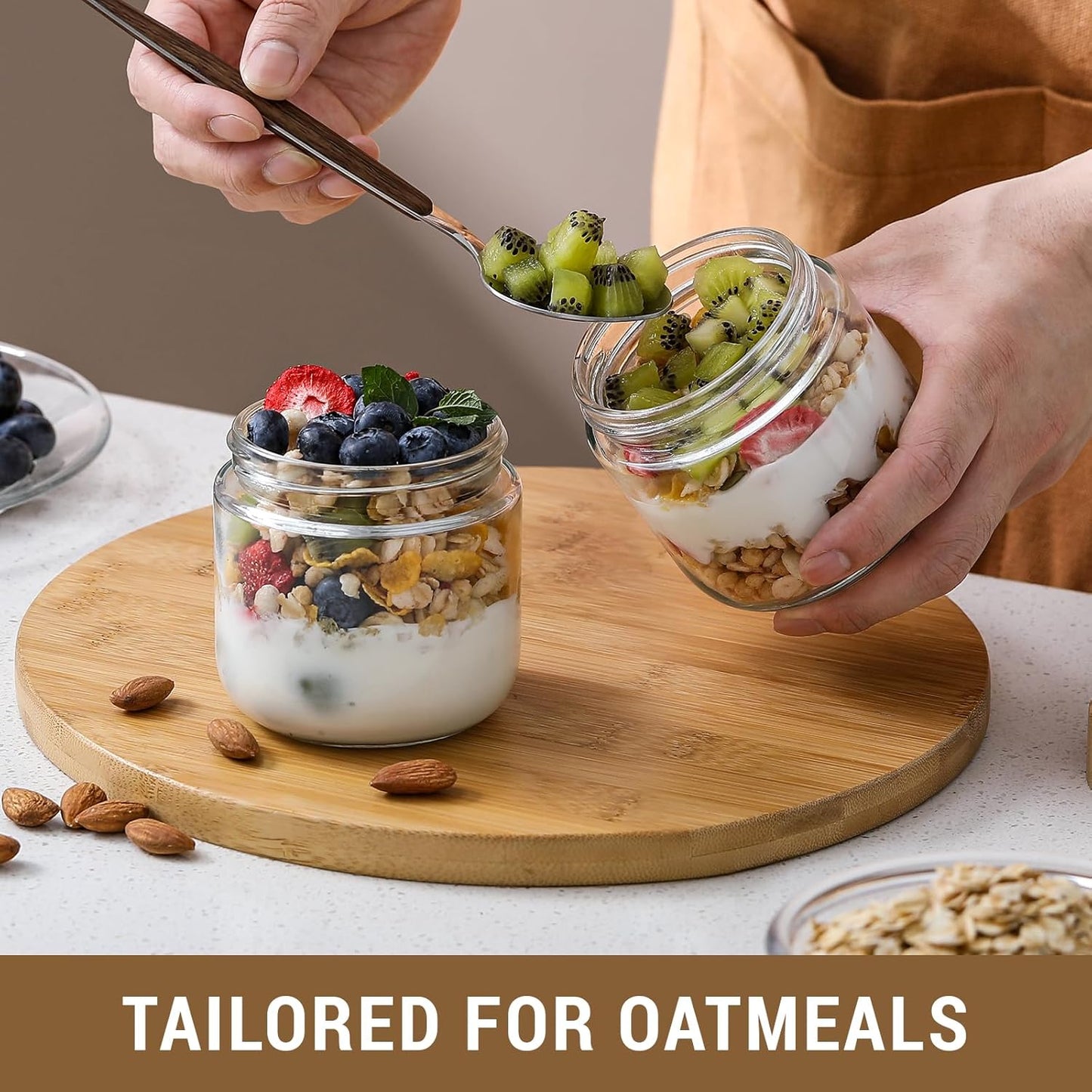 NETANY 4-pack 10oz Glass jars with Airtight Lids, Overnight Oats Containers with Bamboo Lids, Wide mouth Mason Salad jars, Glass Food Storage Containers for Snacks Yogurt Spice Sugar