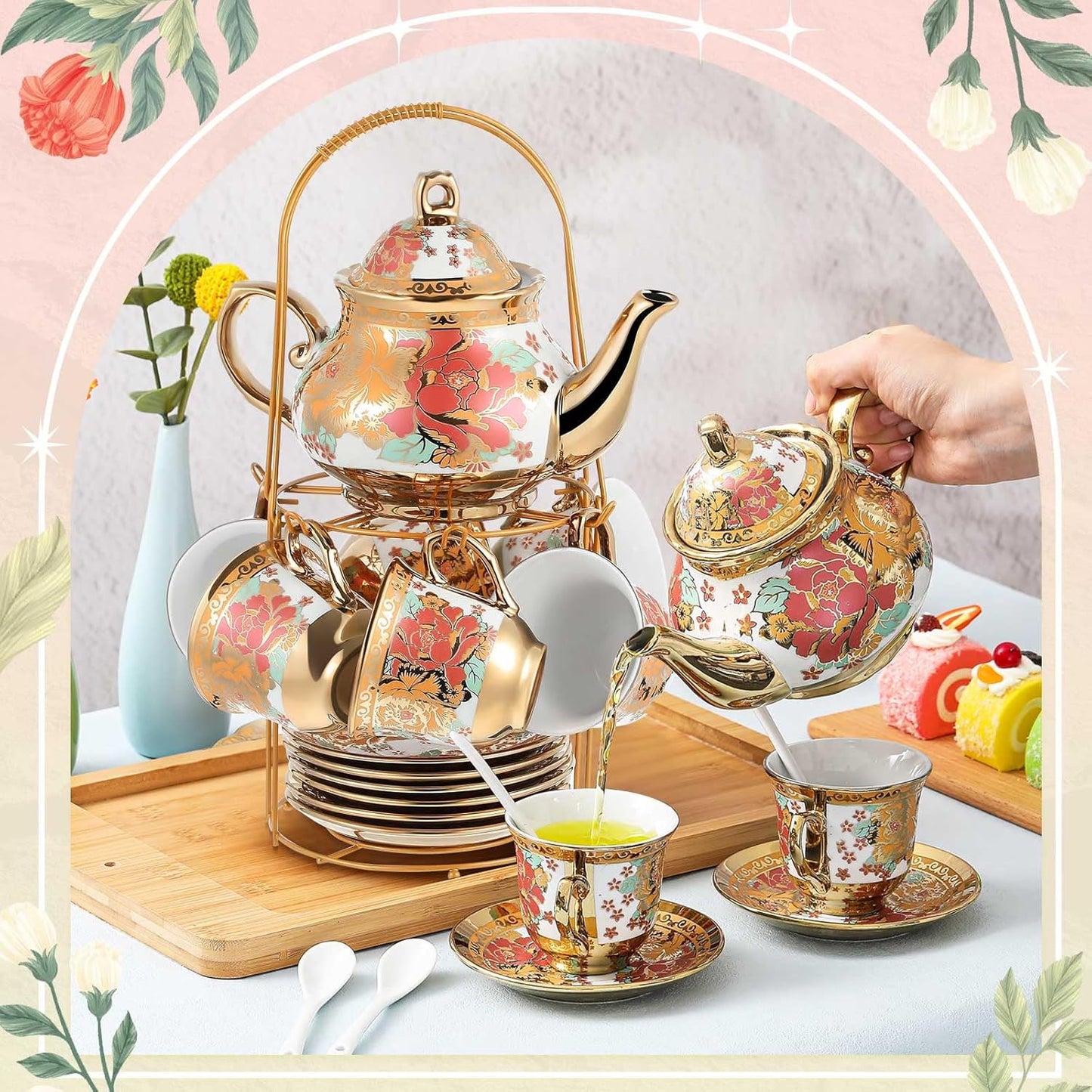 Zhehao 20 Pcs Porcelain Tea Set with Metal Holder and Spoon Adult Ceramic Tea Party Set European Flower Painting Teapot Cup Saucer Spoon Set for Women, Large Version(Stylish Style)