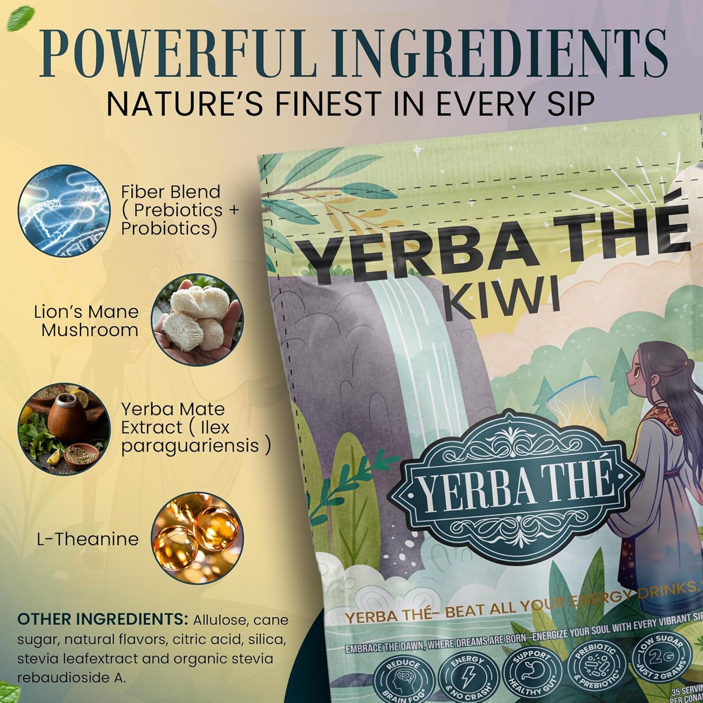 Ancient Diosa - Yerba Mate Tea Powder 350g, 35-Servings - Kiwi Flavor Clean Energy Drink Superfood - Support Gut Health with Probiotics and Prebiotics, Reduce Brain Fog, Relaxation and Focus Blend