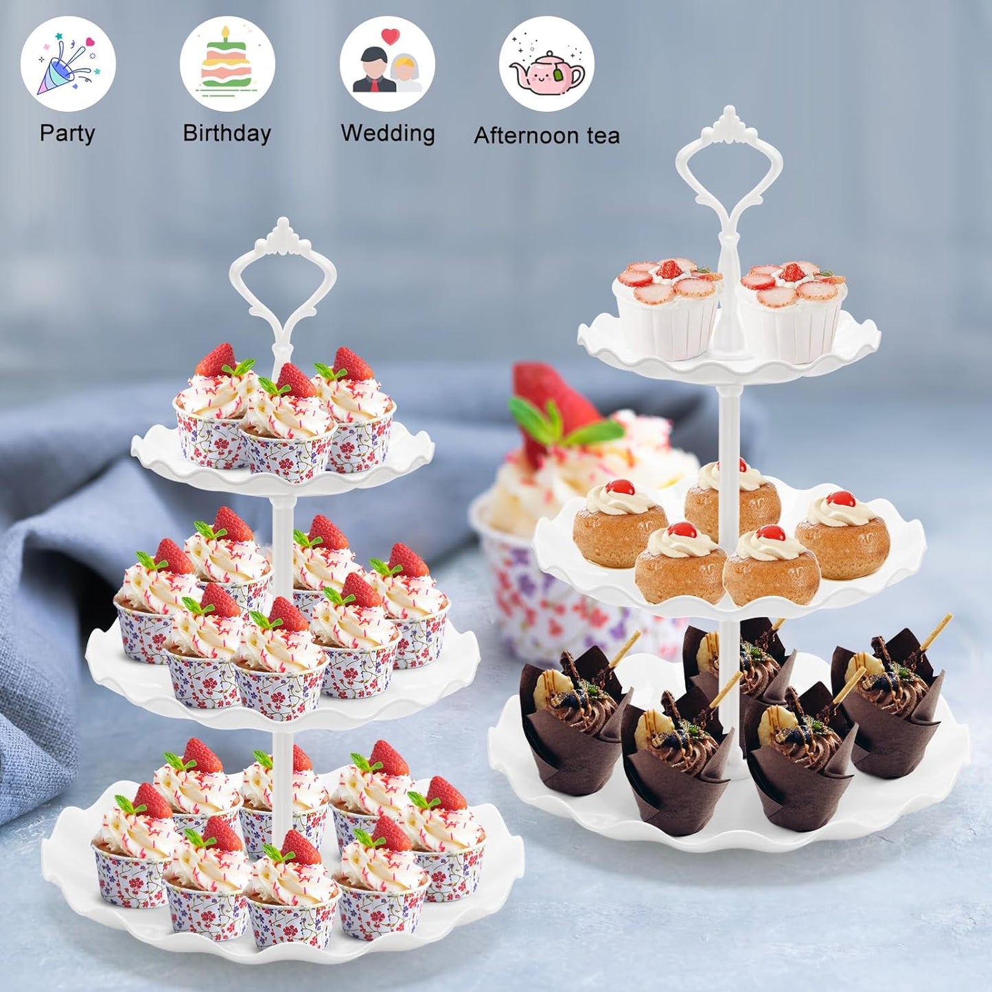 Coitak Plastic Cupcake Stands, 3 Tier Cupcake Stand, Dessert Tower Tray for Tea Party, Baby Shower and Wedding (2 Pack)