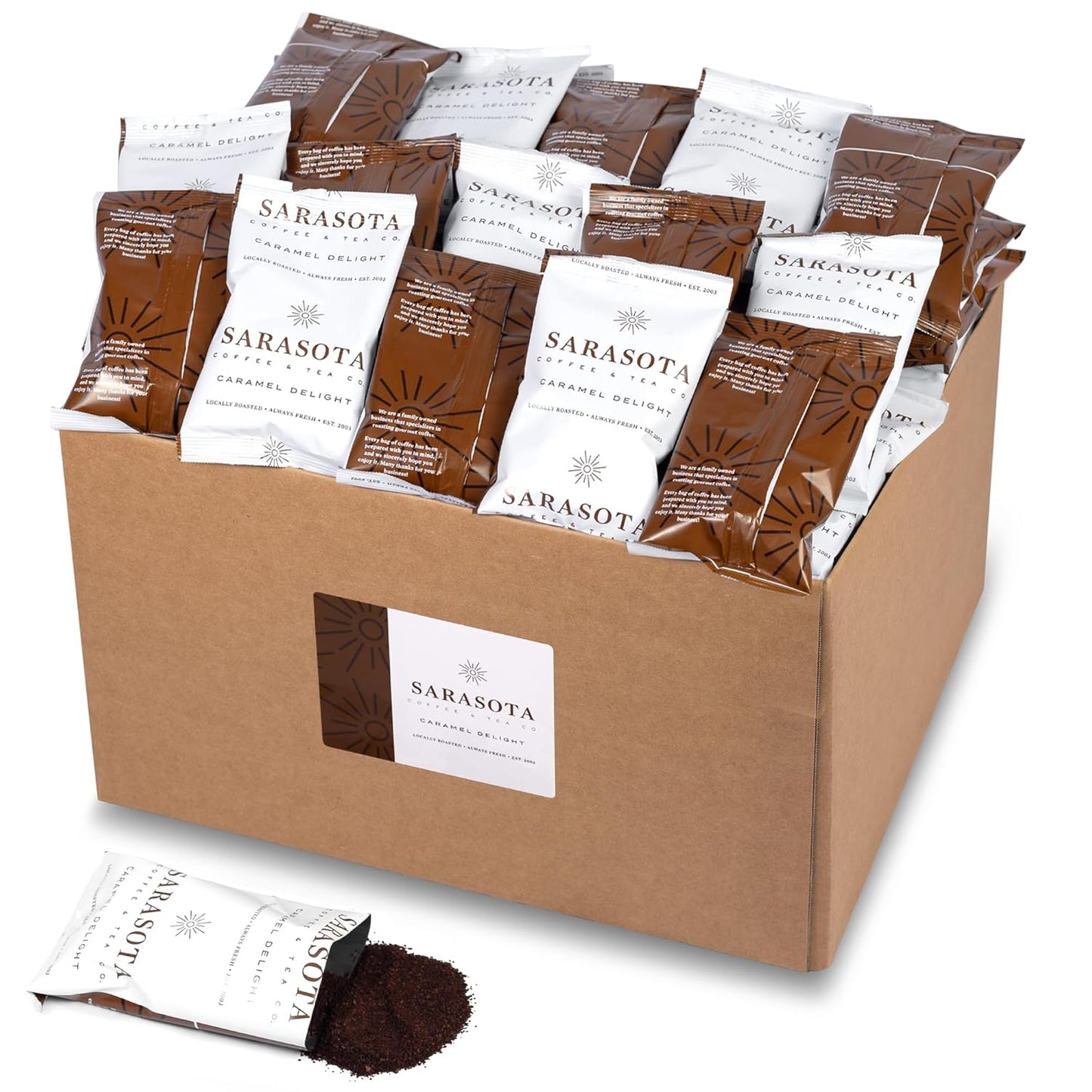 Sarasota Coffee Packs Bulk Ground Packets | Salted Caramel Flavored | Gourmet Gift Sampler | Low Acid Mold Free Individual Single Pot Pouches for 12 Cup Coffee Maker | 1.75 Oz Bags, 100 Count