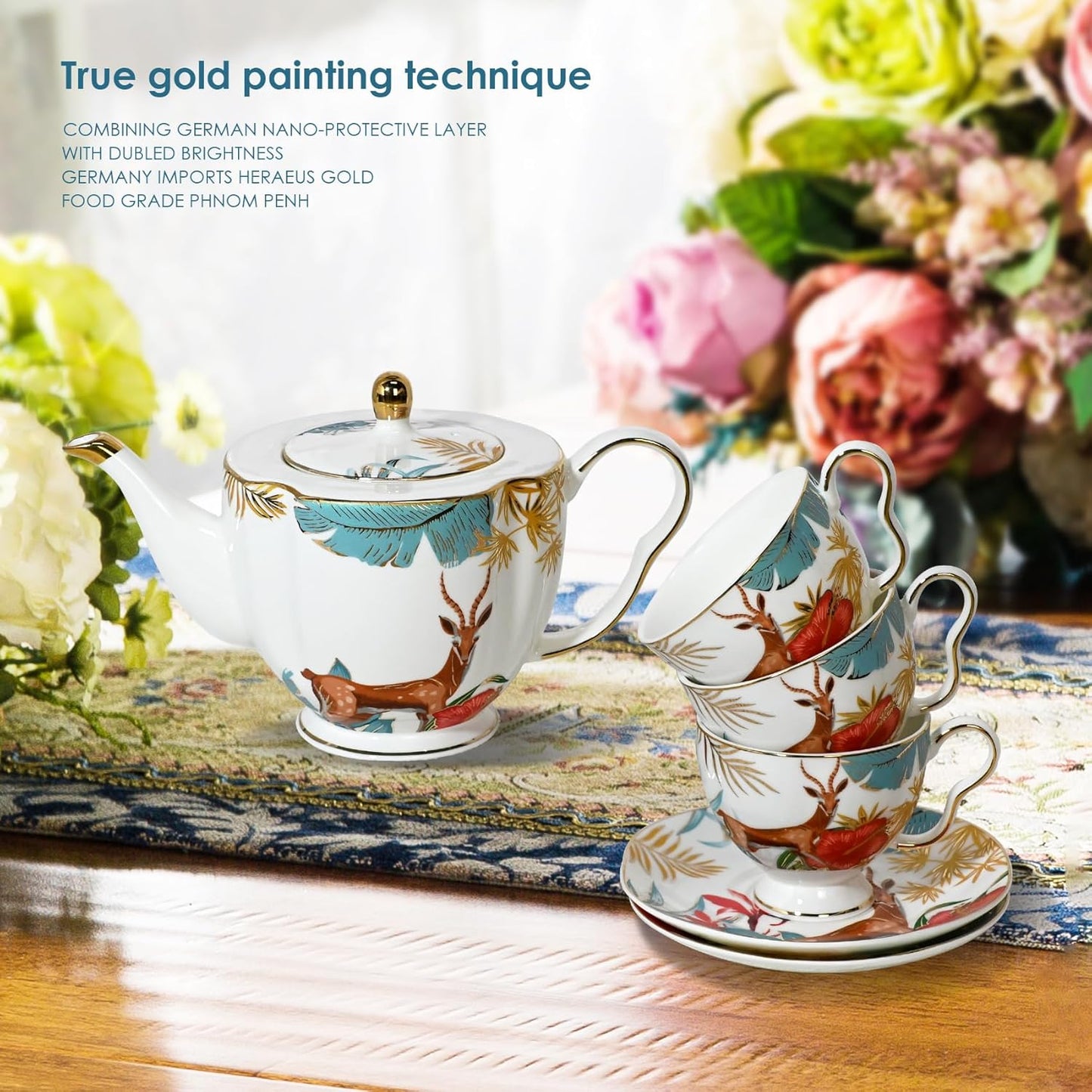 ACMLIFE Tea Cups and Saucers for 1, Bone China Teacup Set for Adults with Gold Trim and Gift Box, Deer Chinese English British Wedding Tea Set for One Coffee Cup Set 6.8 oz (Red-Deer)