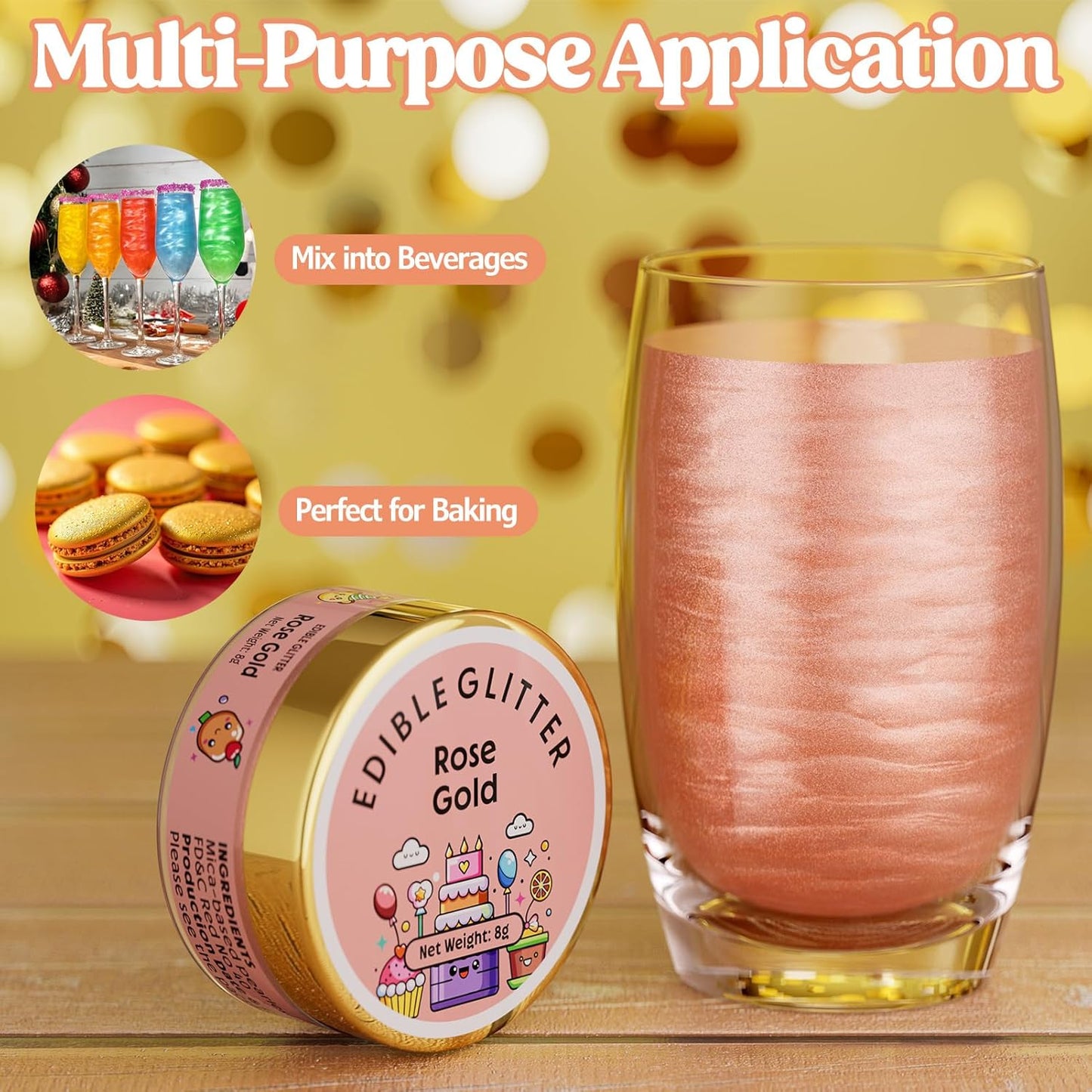 Nomeca Edible Glitter for Drinks Cakes, 8 grams Food Grade Luster Dust Sprinkles Glitter for Cake Decorations, DIY Cocktails, Beverages & Cake Decorating, Dessert Cake Topper (8-Rose Gold)