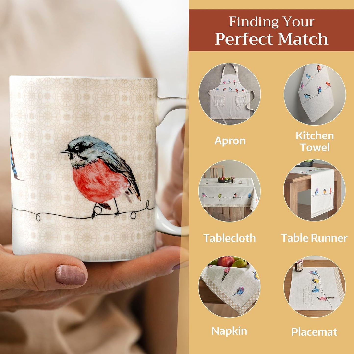 Maison d' Hermine Coffee Mug with Handles Fine Bone China Mugs Pack of One Tea Cups for Hot Beverages Cappuccino Latte Home Restaurant Office Perfect for Gift (Birdies On Wire - Robin, 12 Ounce)