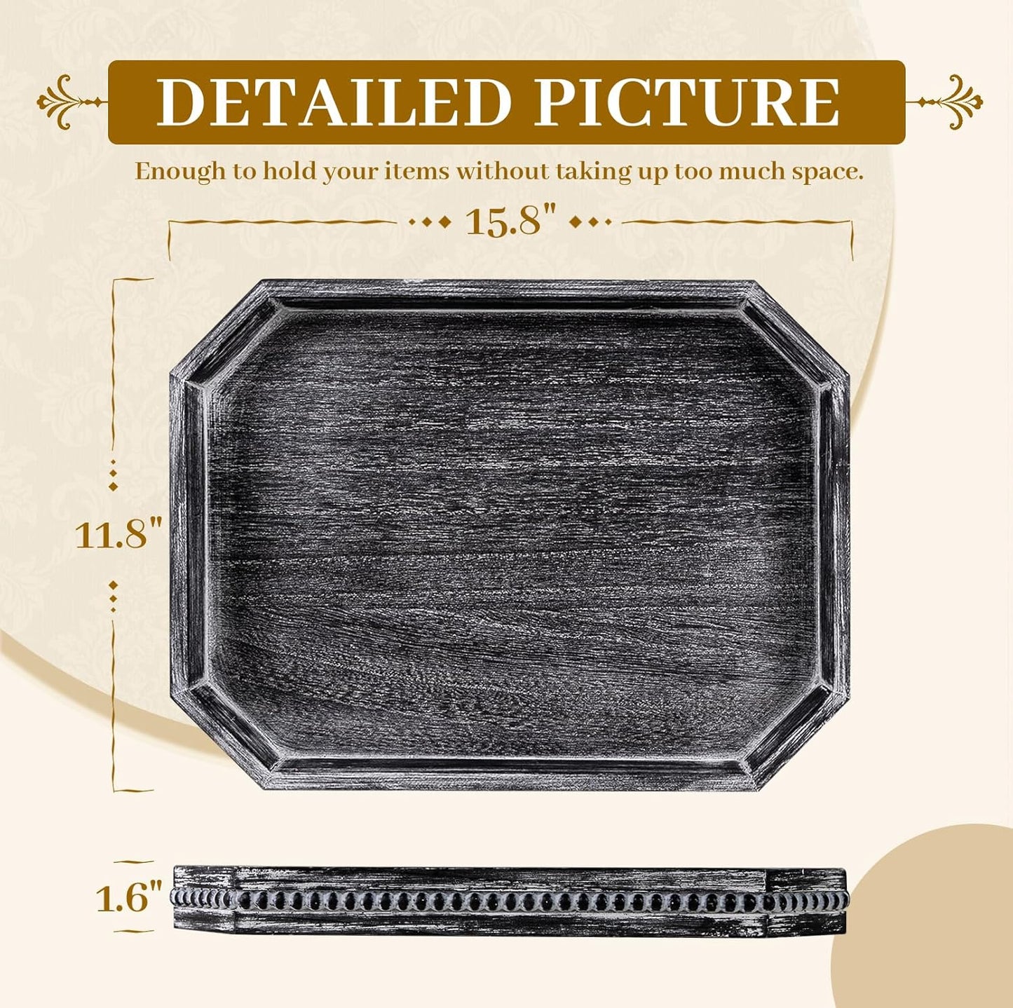 MAONAME Wood Serving Tray, Farmhouse Wooden Tray for Coffee Table, Octagonal Beaded Trays, Vintage Black Decorative Trays for Living Room, Kitchen, 15.7" X 10.2" X 1.6"