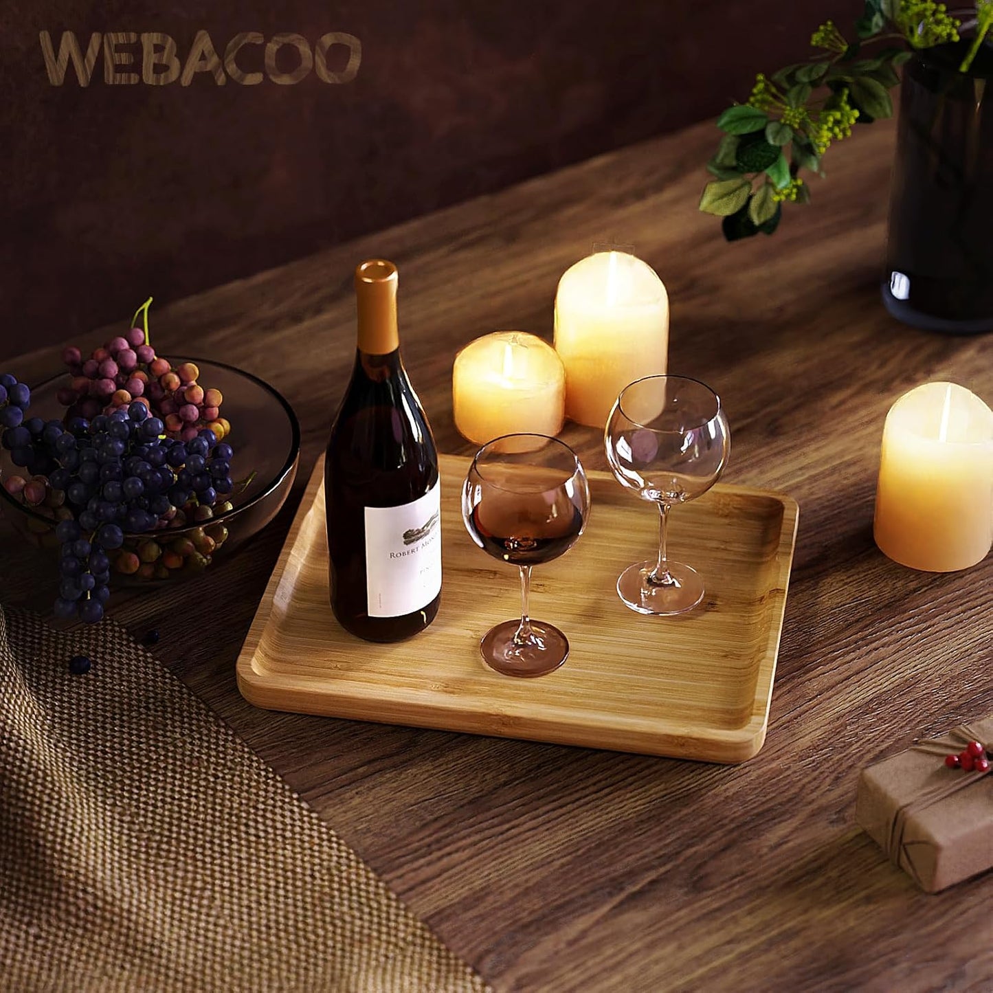 Square Bamboo Serving Tray with Handles - 9.4x7.4 Inch Rustic Wooden Platter for Coffee, Kitchen, Living Room & Party (Lightweight, Splinter-Free & Oil-Coated)