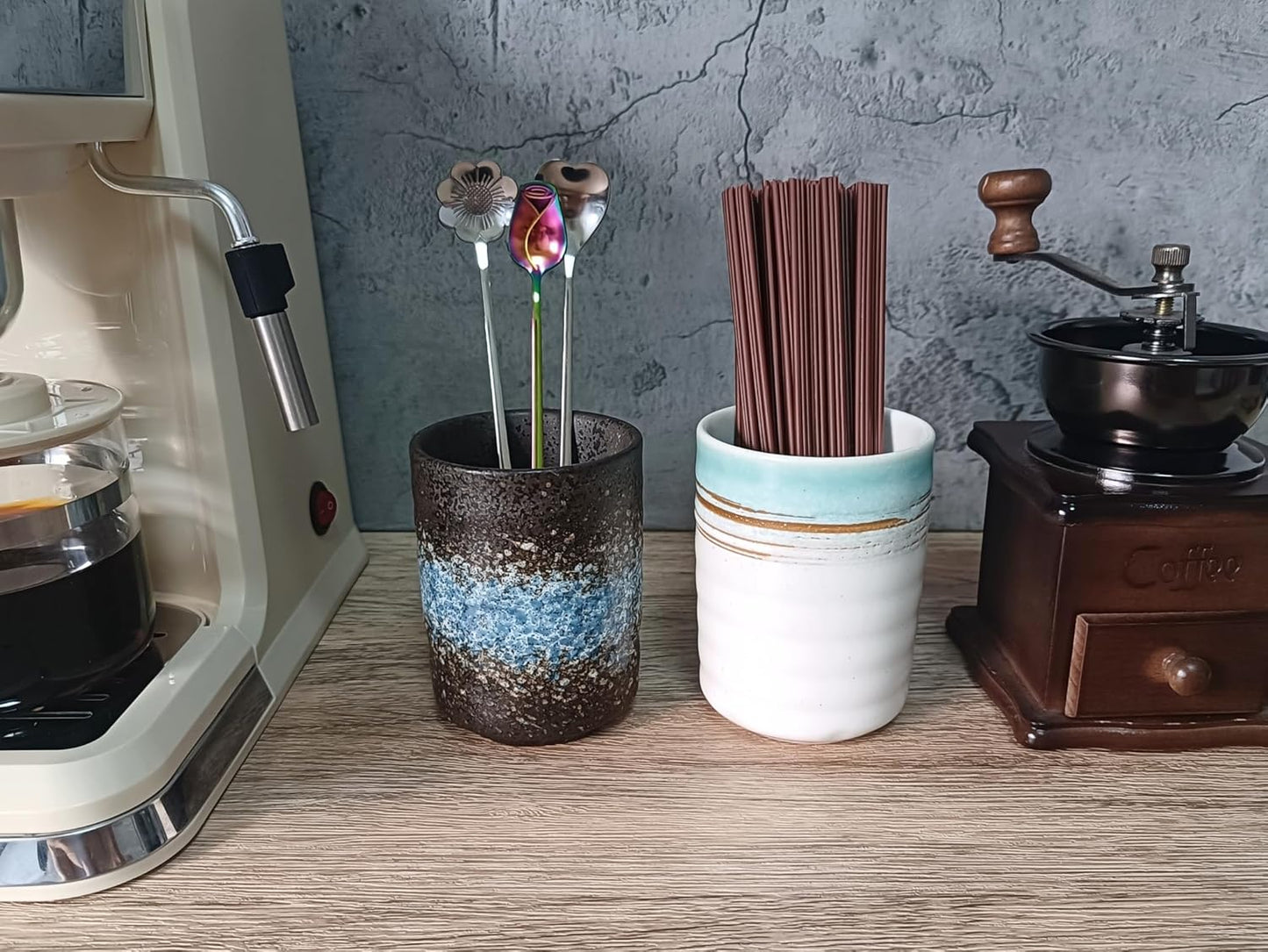 Stoneware Coffee Bar Utensil Holder Tea & Coffee Spoon & Stirrer Holder for Stir Stick Straw Teaspoon Holder Spoon Cup Small Utensil Jar (Sea Water)