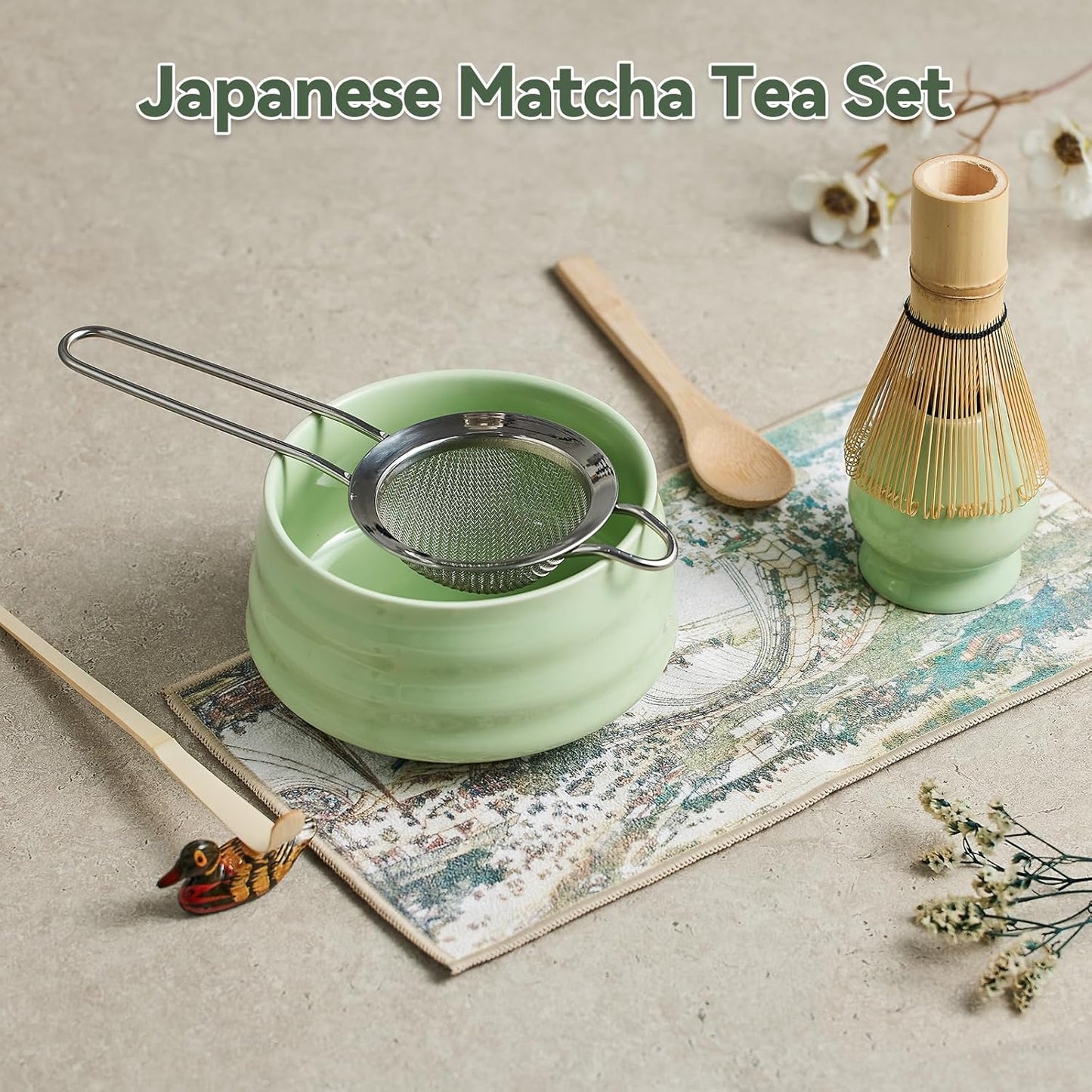 Japanese matcha set, matcha whisk and bowl, matcha sieve, matcha whisk holder, and matcha spoon - 8pcs Matcha Set (green)
