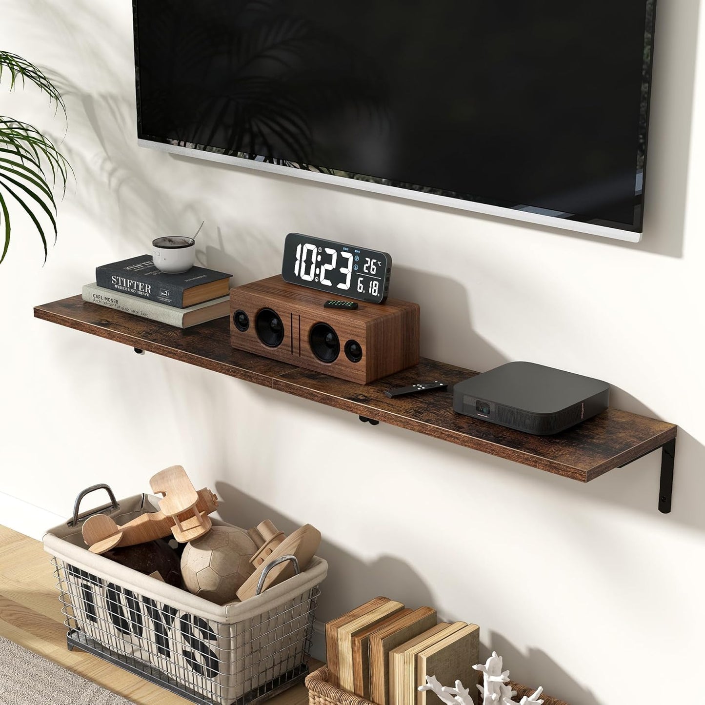 Fun Memories Deep Floating Shelves, 24W x 8D Floating Shelves Set of 2, Wall Mounted Shelf with Metal Brackets, Rustic Wood Wall Shelf for Bathroom, Kitchen and Living Room, Rustic Brown