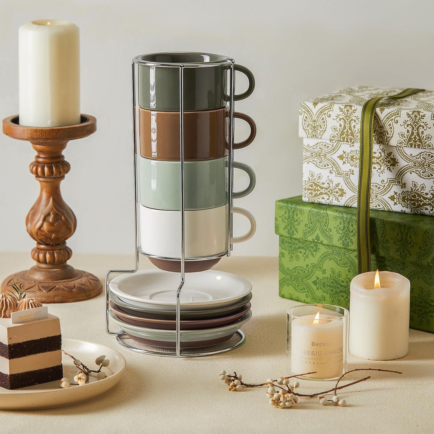 Sweese 8 Ounce Cappuccino Cups Set of 4, Porcelain Stackable Coffee Cups with Saucers and Metal Stand, Multicolor