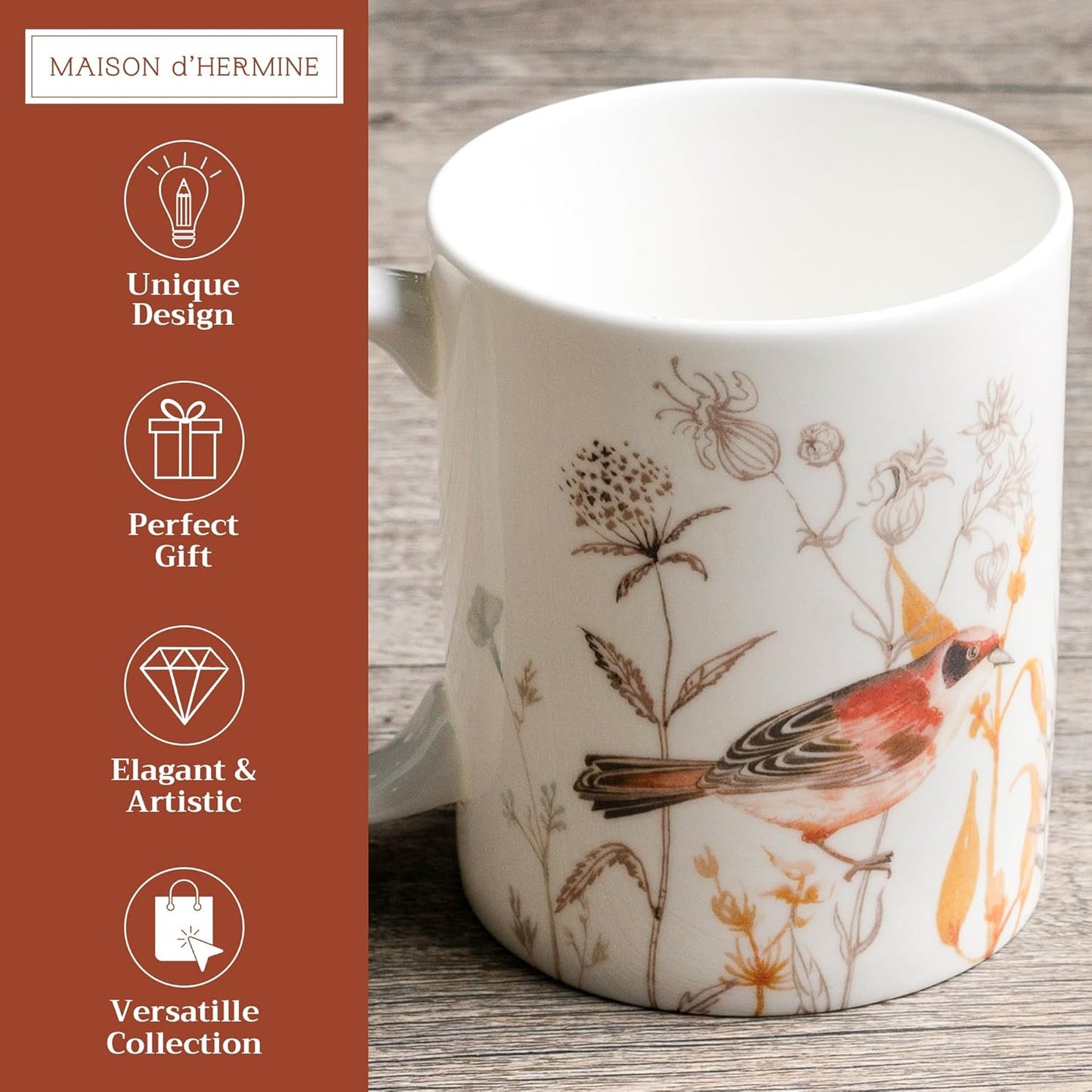 Maison d' Hermine Coffee Mug with Handles Fine Bone China Mugs Pack of One Tea Cups for Hot Beverages Cappuccino Latte Home Office Perfect for Gift (Meadow Florals - Beige Meadow Mornings, 12 Ounce)