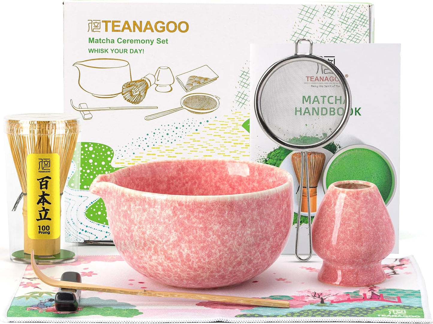 TEANAGOO Matcha Whisk Set,7 Pcs Matcha Set Pink,Ceremony Matcha Kit,Matcha Tea Set for Making Latte,Ceramic Bowl(chawan) whith Spout and Whisk,Gift for Matcha Lovers