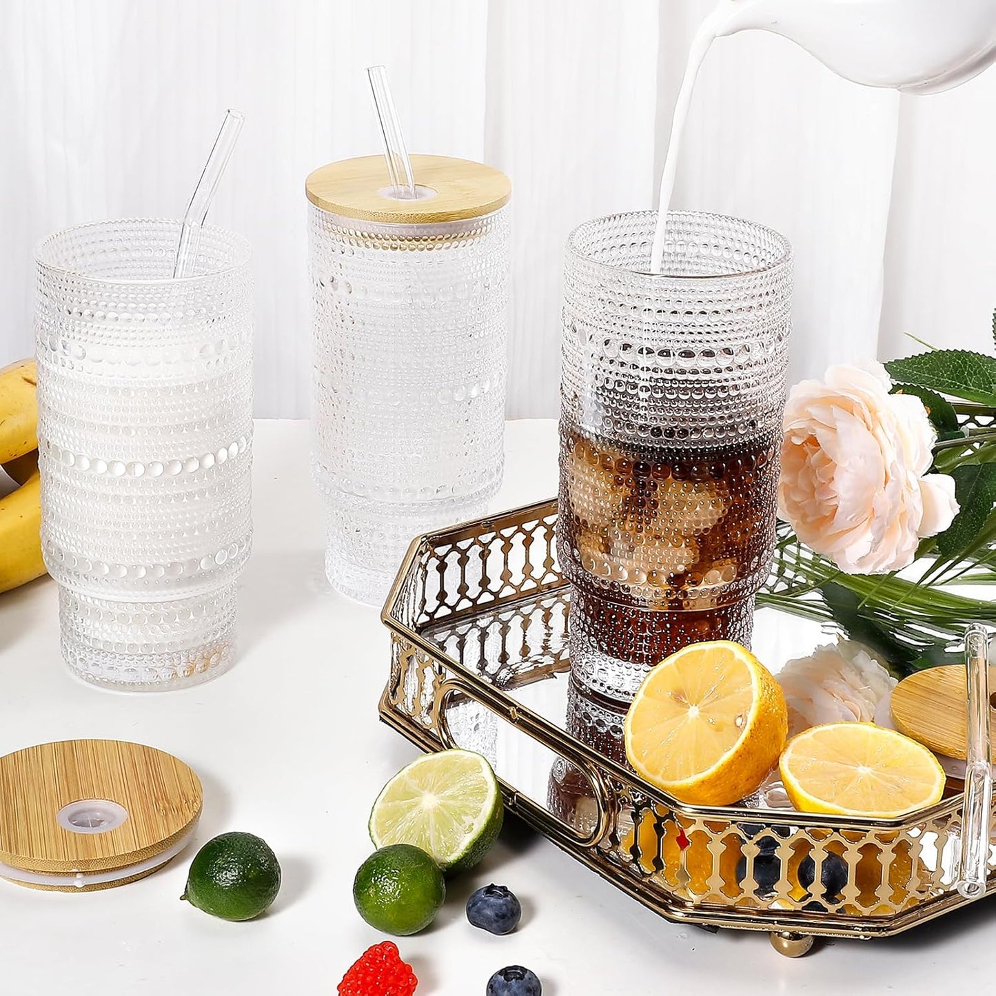 16 Oz Glass Cup with Lid and Straw, Vintage Embossed Glassware for Whiskey Cocktail Beer, Iced Coffee Cup with Lid, Glass Tumbler (1 PACK)