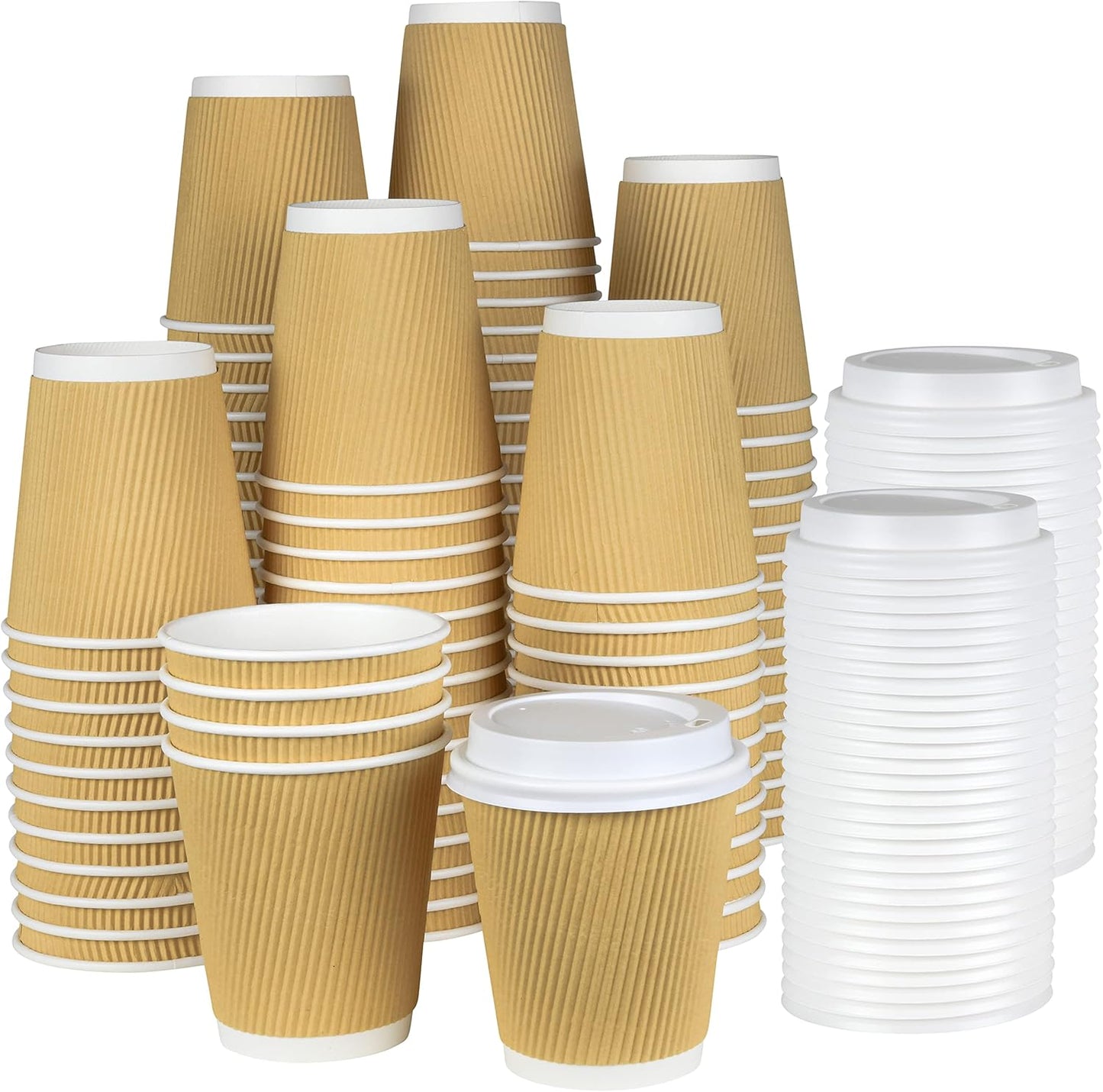 NYHI 100 8 oz Ripple Kraft Paper Cups Brown Hot Cold with Lids 3 Layer Rippled Small Insulated Disposable Coffee Cups for Cappuccino Hot Cocoa or Iced Drinks