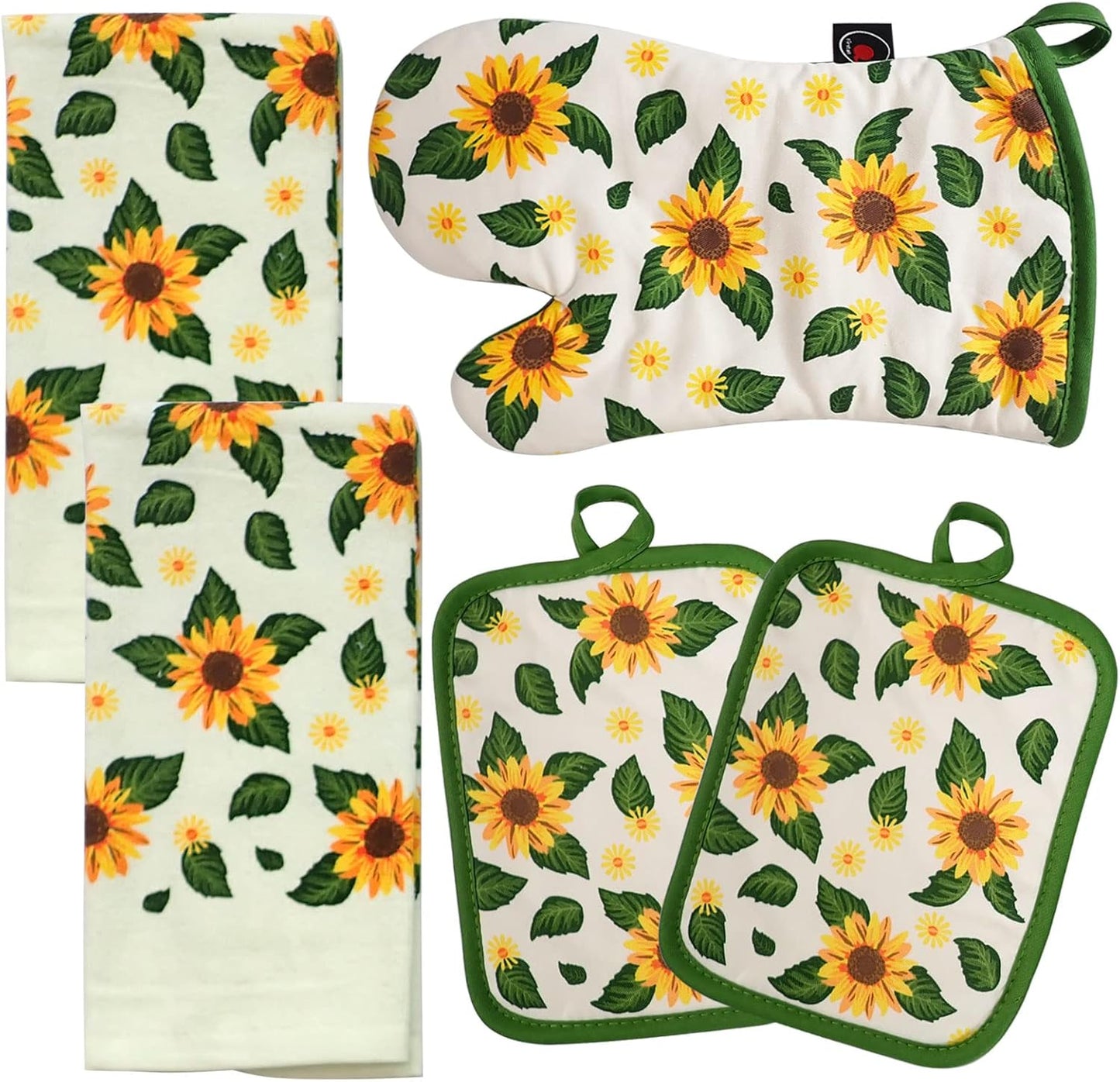 Oven Mitts and Potholders Dish Towles Set 100% Cotton for Perfect for Gifting, Baking and Everyday Cooking Durable Heat Resistant for Kitchen (5-Piece Sunflower)