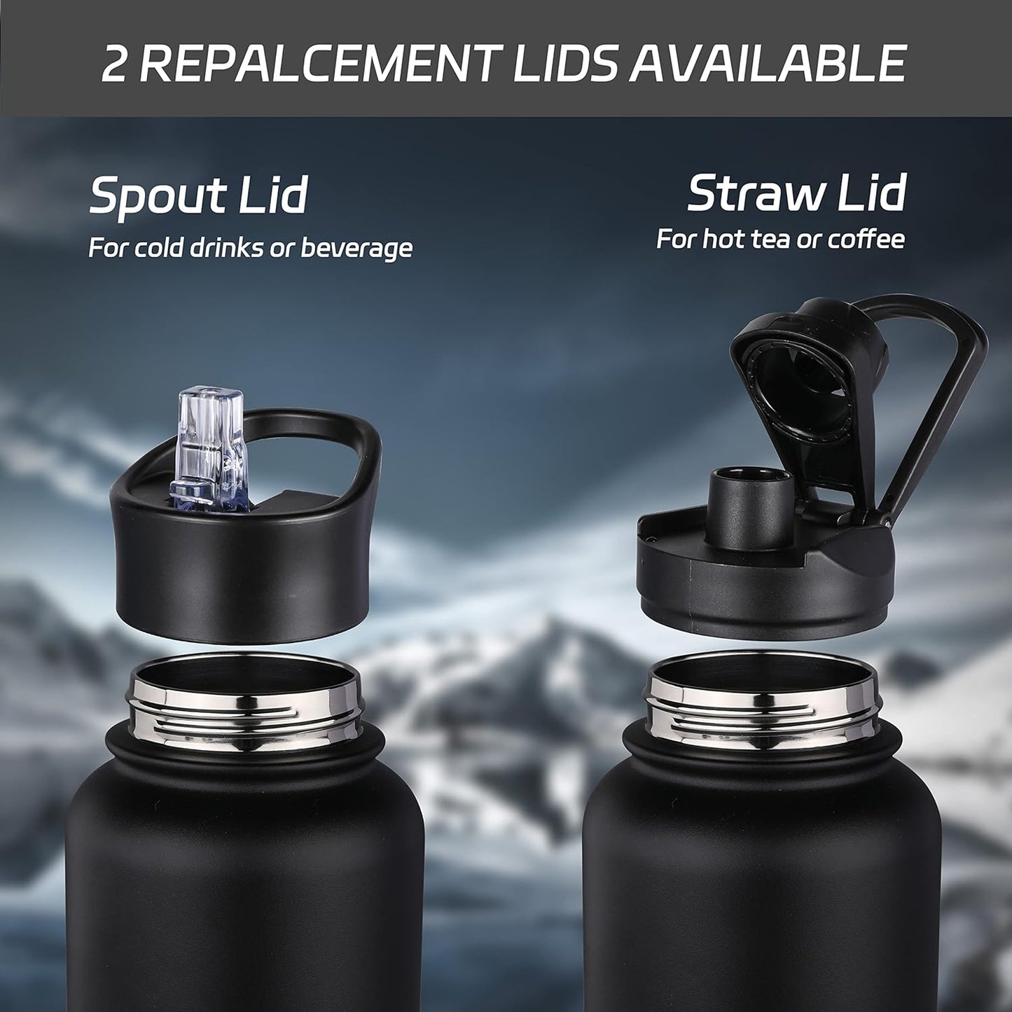 HASLE OUTFITTERS 40oz Stainless Steel Water Bottle, Vacuum Insulated Double Walled Leak Proof Sports Water Bottle with 2 Lids (Straw and Spout Lid) Thermo Mug Keep Cold and Hot(Black,1)