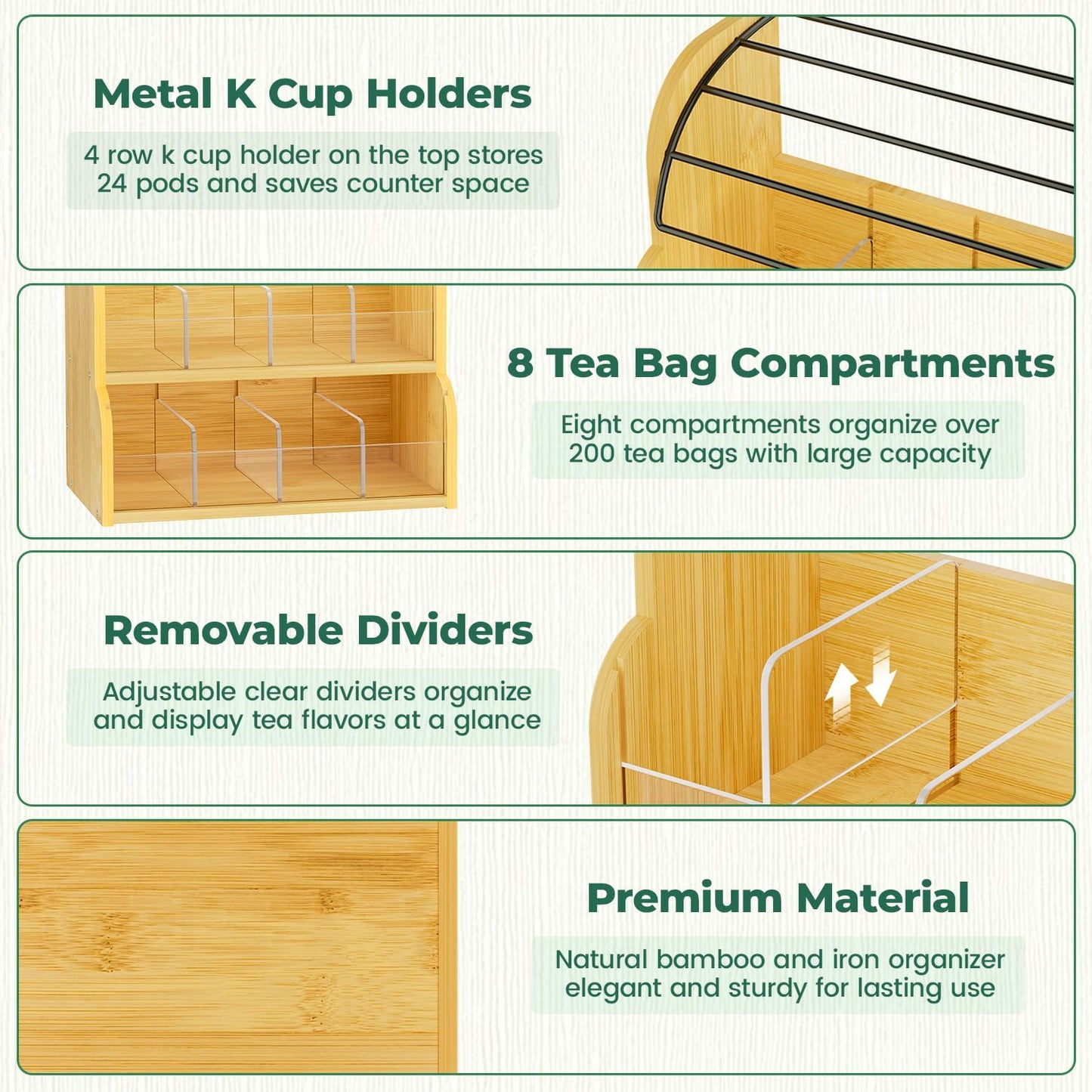 EsLuker.ly Tea Bag Holder Coffee Pod Organizer for Countertop Cabinet, Bamboo 3 Tier Teabag Packet Display Shelf and K Cups Rack Stand for Tea Bar & Coffee Station Storage, Save Space Elegantly