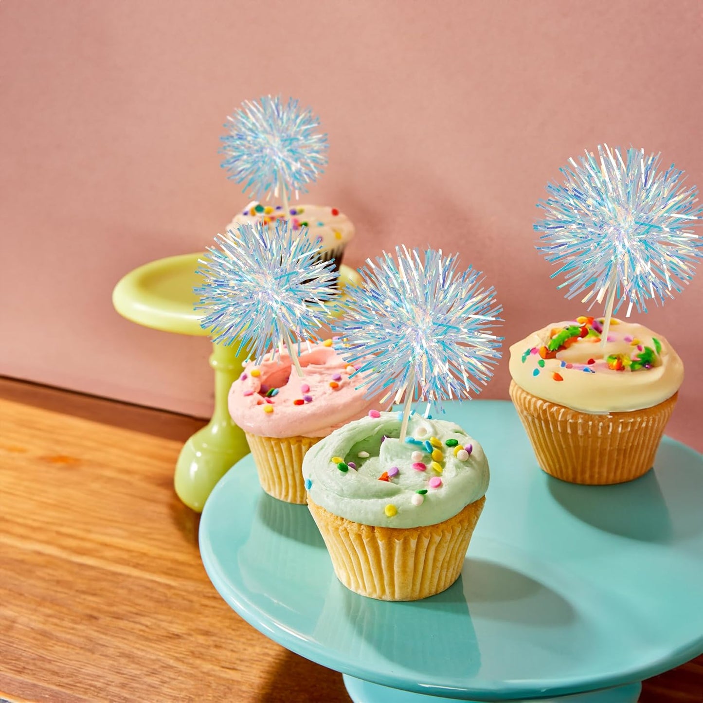 Ephlyn 30Pcs Foil Firework Cupcake Toppers Sparkle Tinsel Cupcake Picks Drink Stirrers Cocktail Food Fruit Toothpicks for Baby Shower Graduation Party Supplies White