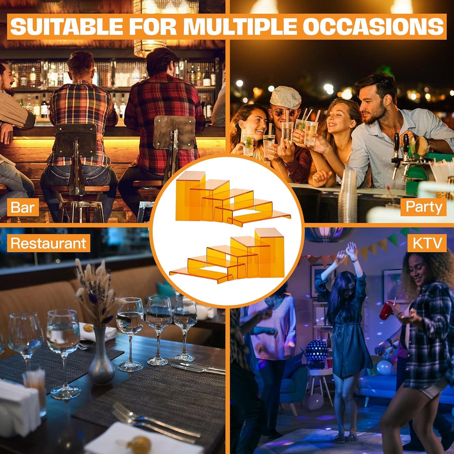 Goabroa Acrylic Display Risers, 2 Sets 5 Tier Rectangular Risers Display Stands, Acrylic Display Shelves for Figures, Cupcake, Perfume Display, Transparent Orange