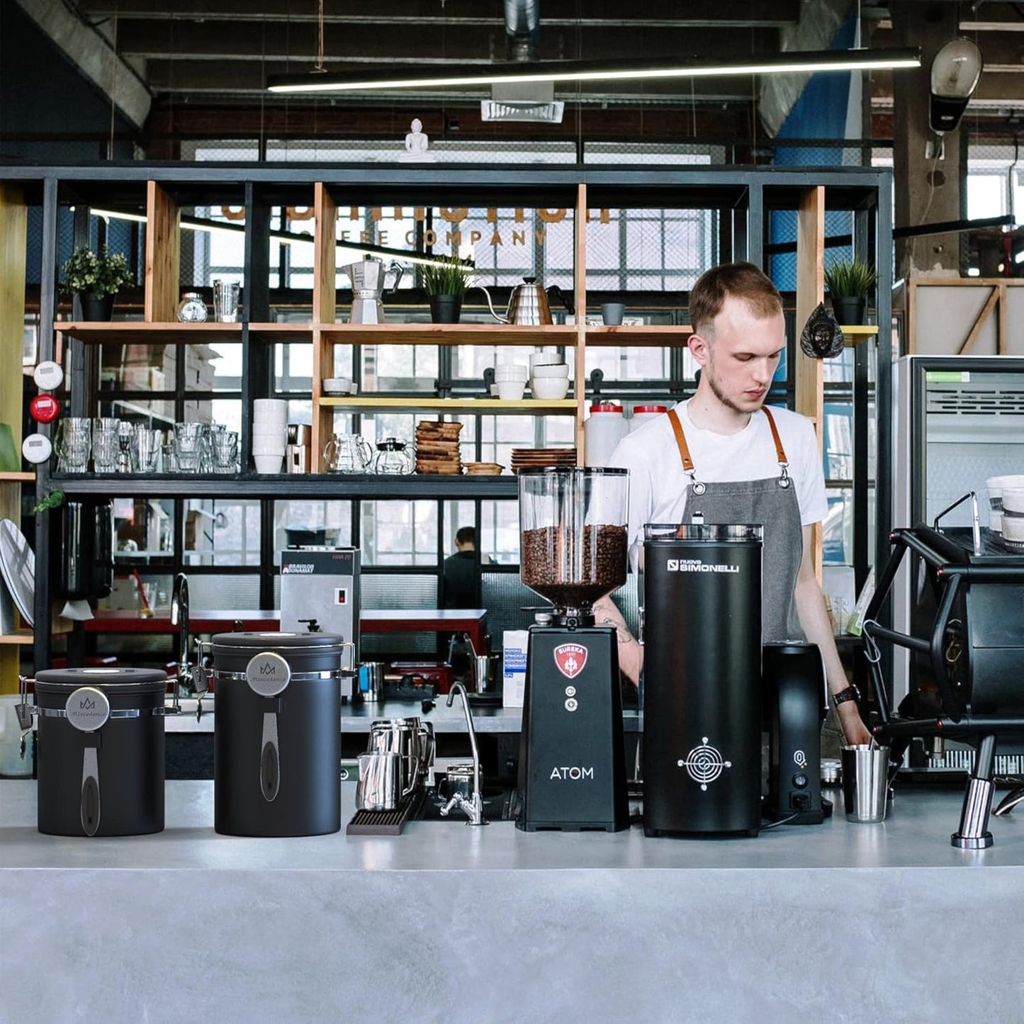 Coffee canister for ground coffee with Scoop Date Tracker One Way Co2 Valve 304 Stainless Steel Kitchen Food Airtight storage container for Coffee Beans,Grounds,Tea,Sugar (Black, 16oz)