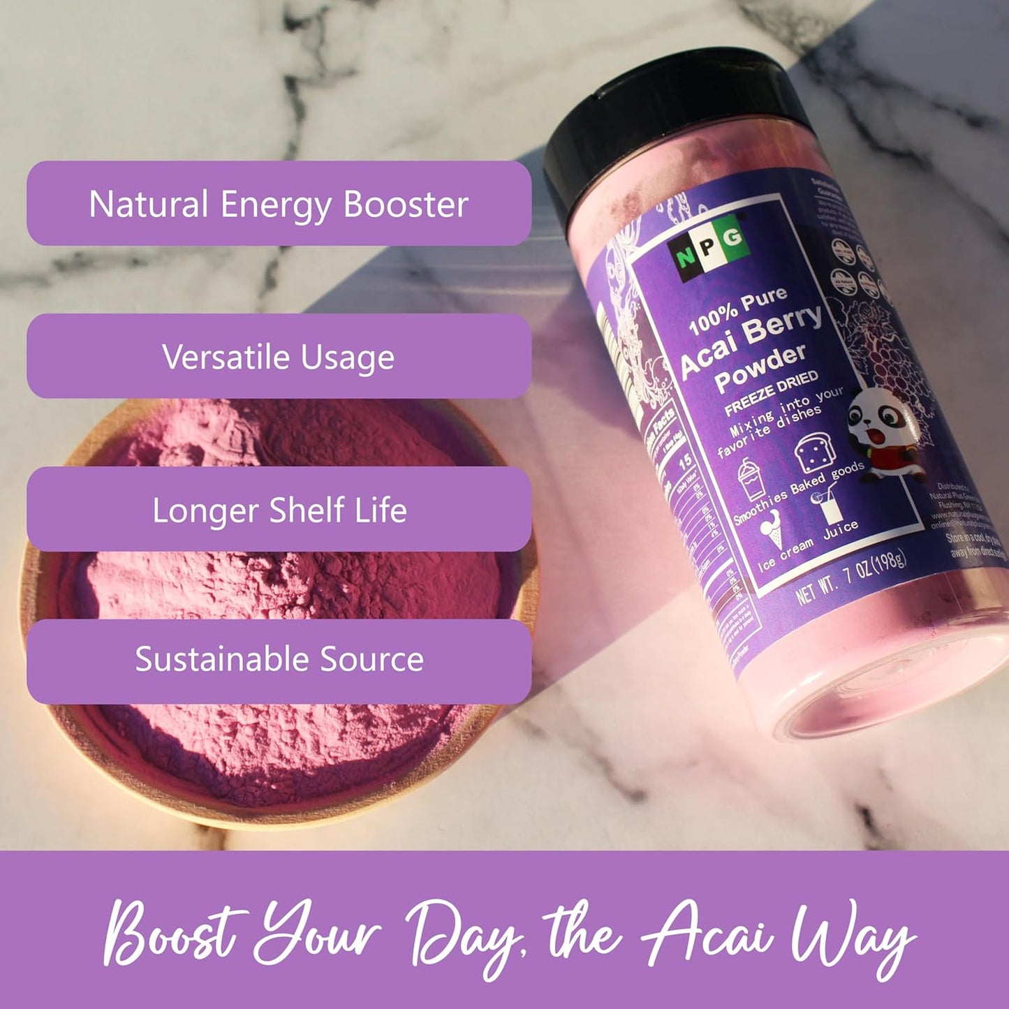 NPG Freeze-Dried Acai Berry Powder 7 Oz, Seedless Superfood with a Fine Powder Texture for Smoothies, Drinks, and Natural Food Coloring, Non-GMO, No Added Sugar, No Preservativesthi