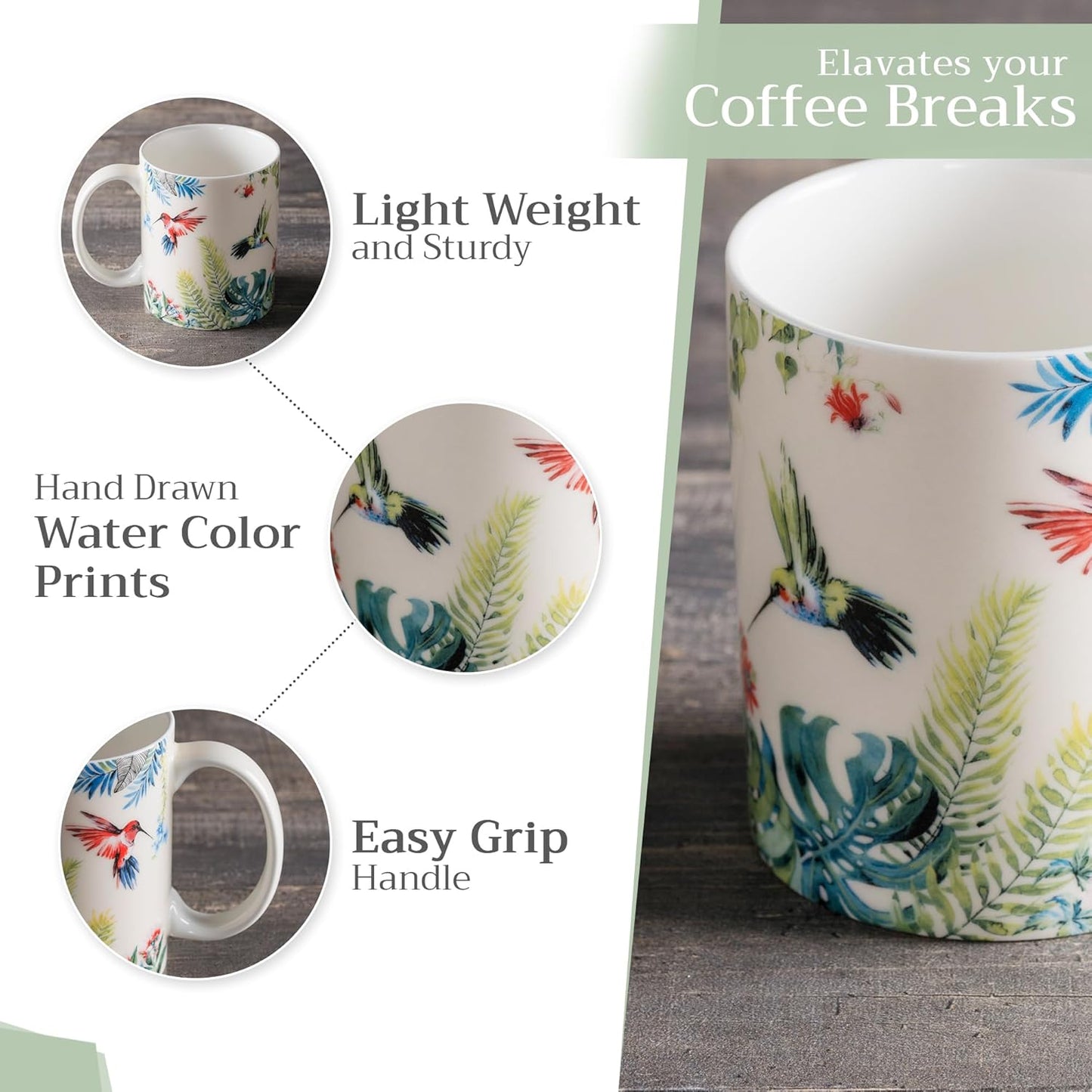 Maison d' Hermine Coffee Mug with Handles Fine Bone China Mugs Pack of One Tea Cups for Hot Beverages Cappuccino Latte Home Restaurant Office Perfect for Gift (Tropiques - Colibris, 15 Ounce)
