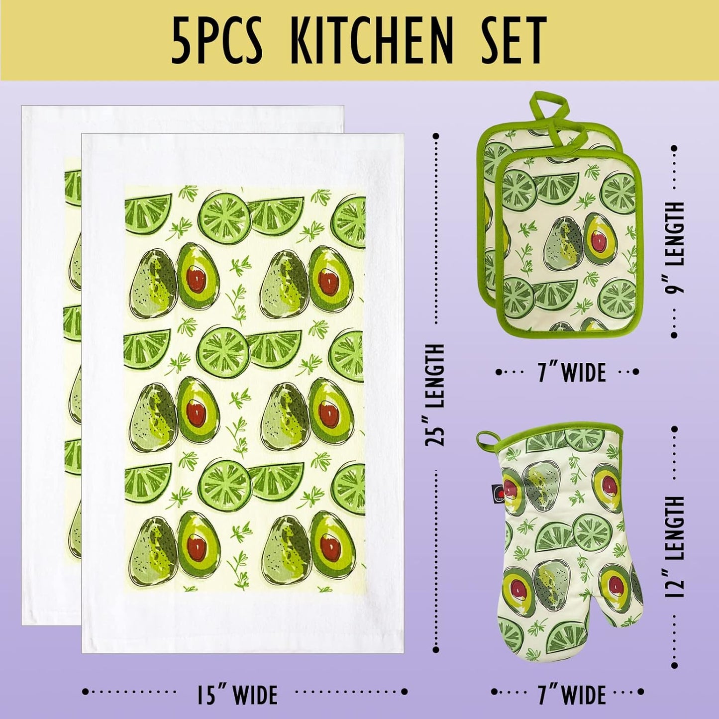 Oven Mitts and Potholders Dish Towles Set 100% Cotton for Perfect for Gifting, Baking and Everyday Cooking Durable Heat Resistant for Kitchen (5-Piece Lemon Avocado)