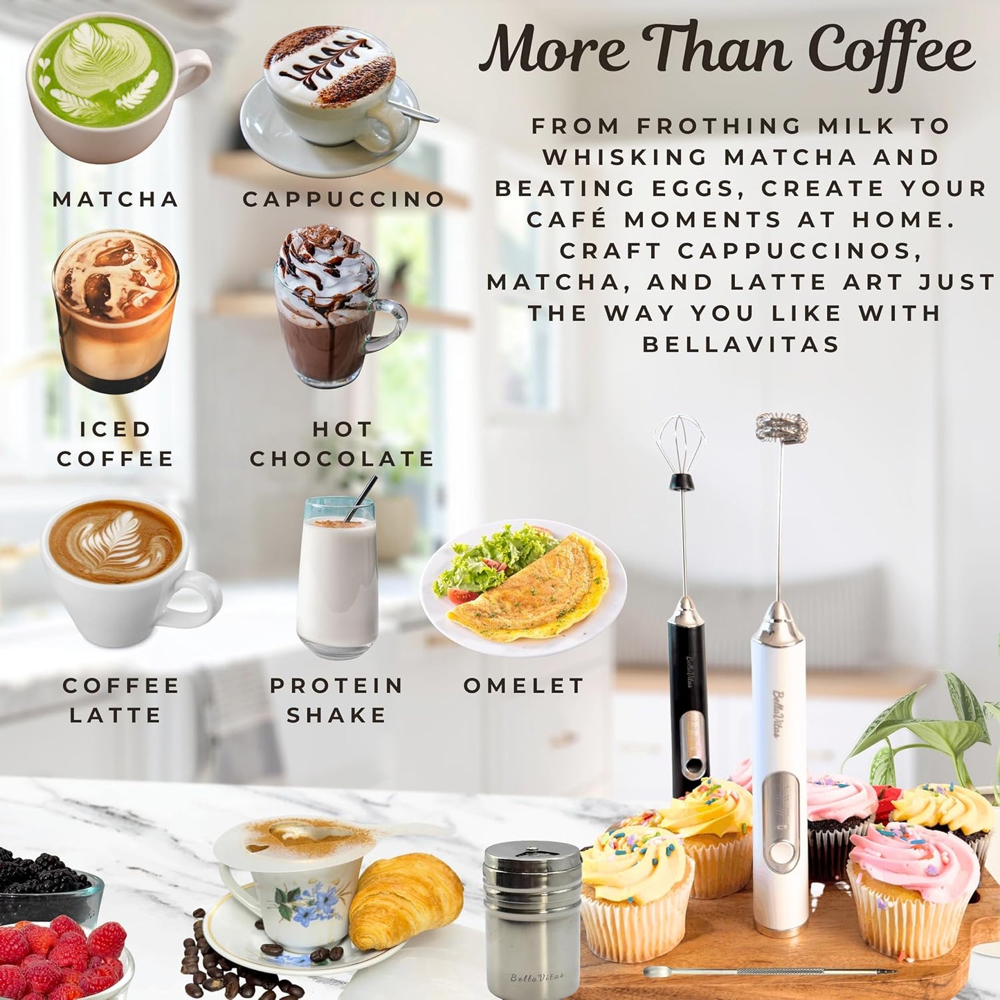 Milk Frother Handheld Rechargeable 3-Speed Electric Frother Wand Whisk Foam Maker Drink Mixer with Stand, 2 Whisks, Spice Shaker, Art Stencils, Art Pen for Coffee Latte, Cappuccino, Black