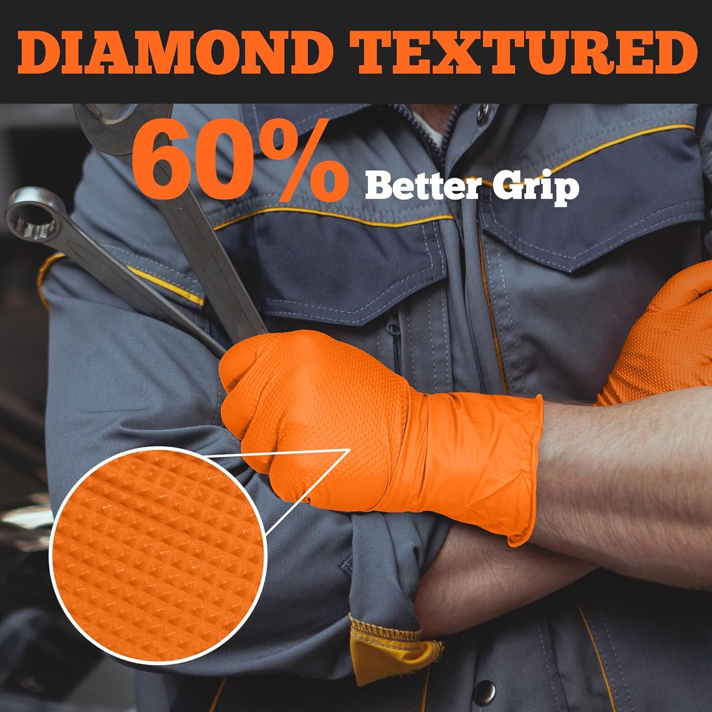 TitanFlex Heavy Duty Nitrile Gloves, 6 Mil Orange Raised Diamond Texture, Mechanic Disposable Gloves Latex Free Powder Free