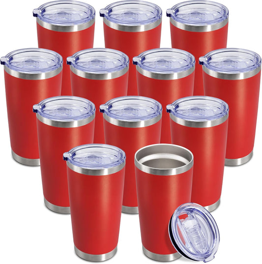 20 oz Tumbler Coffee Tavel Tumblers Bulk with Lid Stainless Steel Double Wall Vacuum Insulated Mug Powder Coated Cups fit Car Cupholder for Hot and Cold - Red, 12Pack