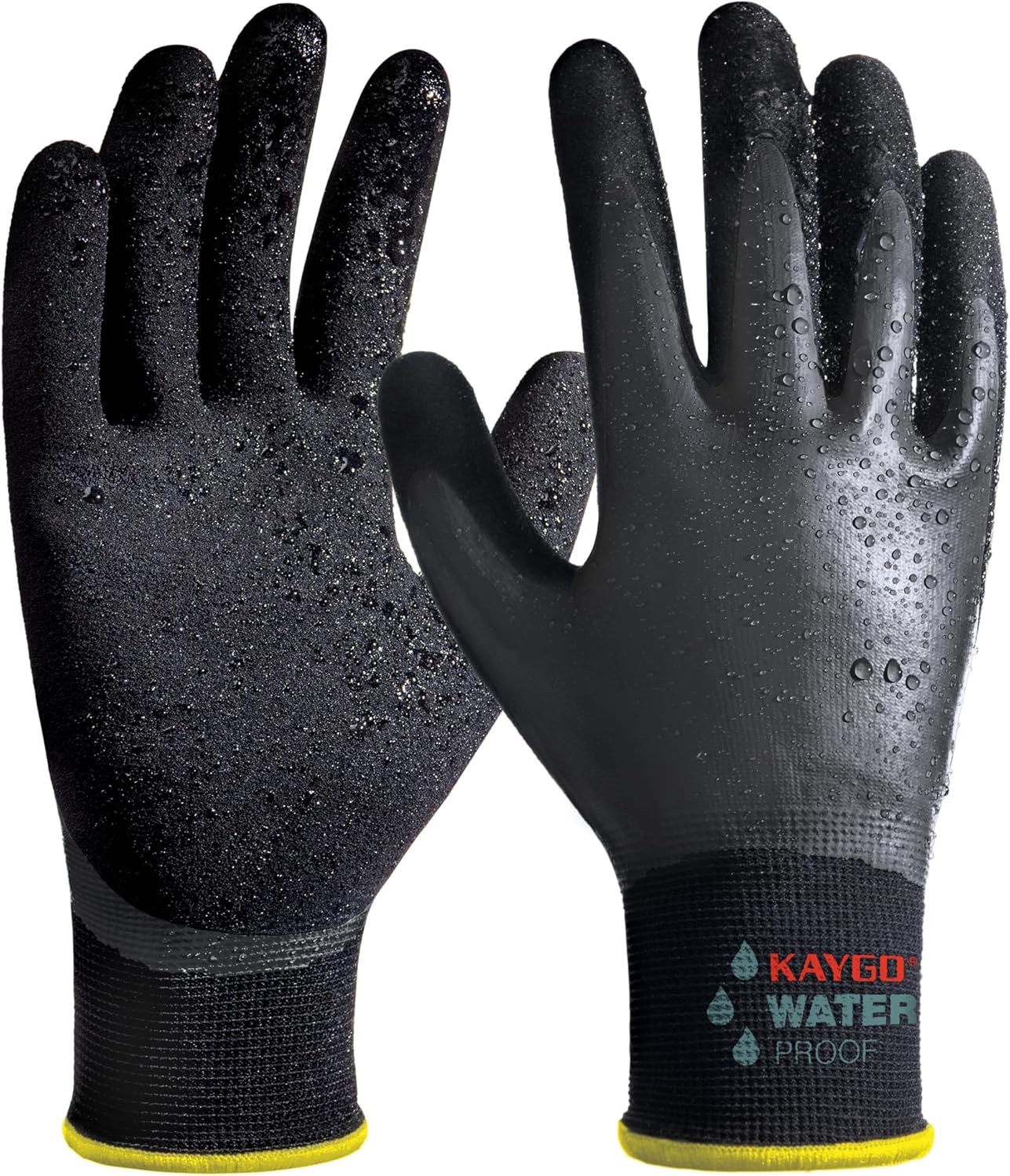 KAYGO Waterproof Work Gloves for Men and Women, Rubber Coated Non-slip Working Gloves for Garden, Outdoor Construction,KG150,Black,L