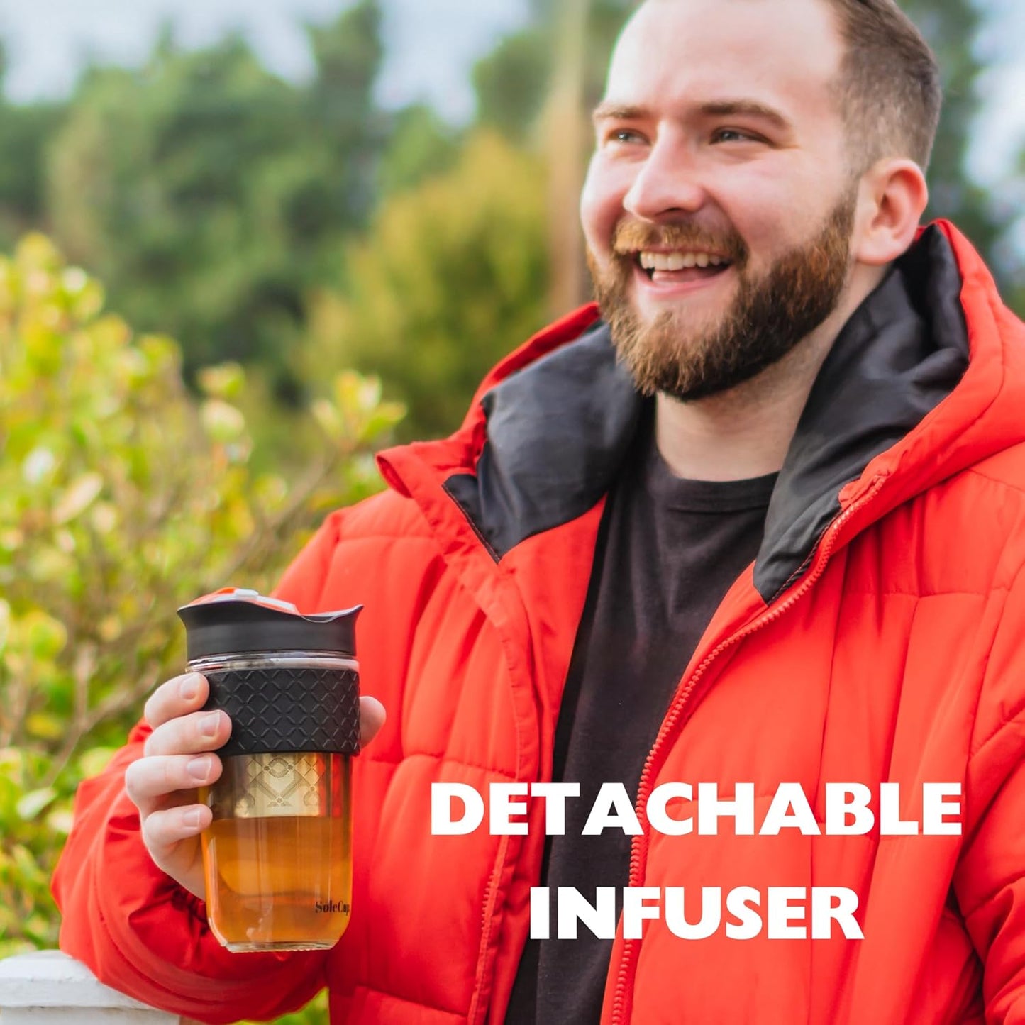 Large Travel Mug Loose Tea Infuser - Detachable Tea Strainer with Spill Proof Lid - 18oz/530ml BPA-Free Reusable Glass Travel Coffee Cup with Silicone Band (Pink) (Blue)