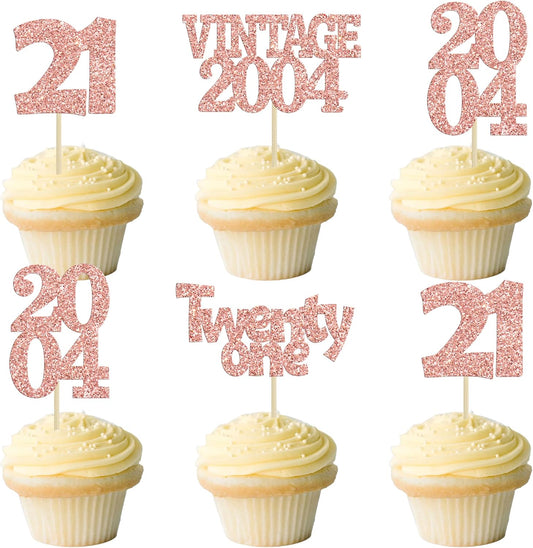 Gyufise 24Pcs 21st Birthday Cupcake Toppers Glitter Twenty-one Vintage 2004 21 Years Birthday Cupcake Picks Cheers to 21 Cake Decorations for Happy 21st Anniversary Party Supplies Rose Gold
