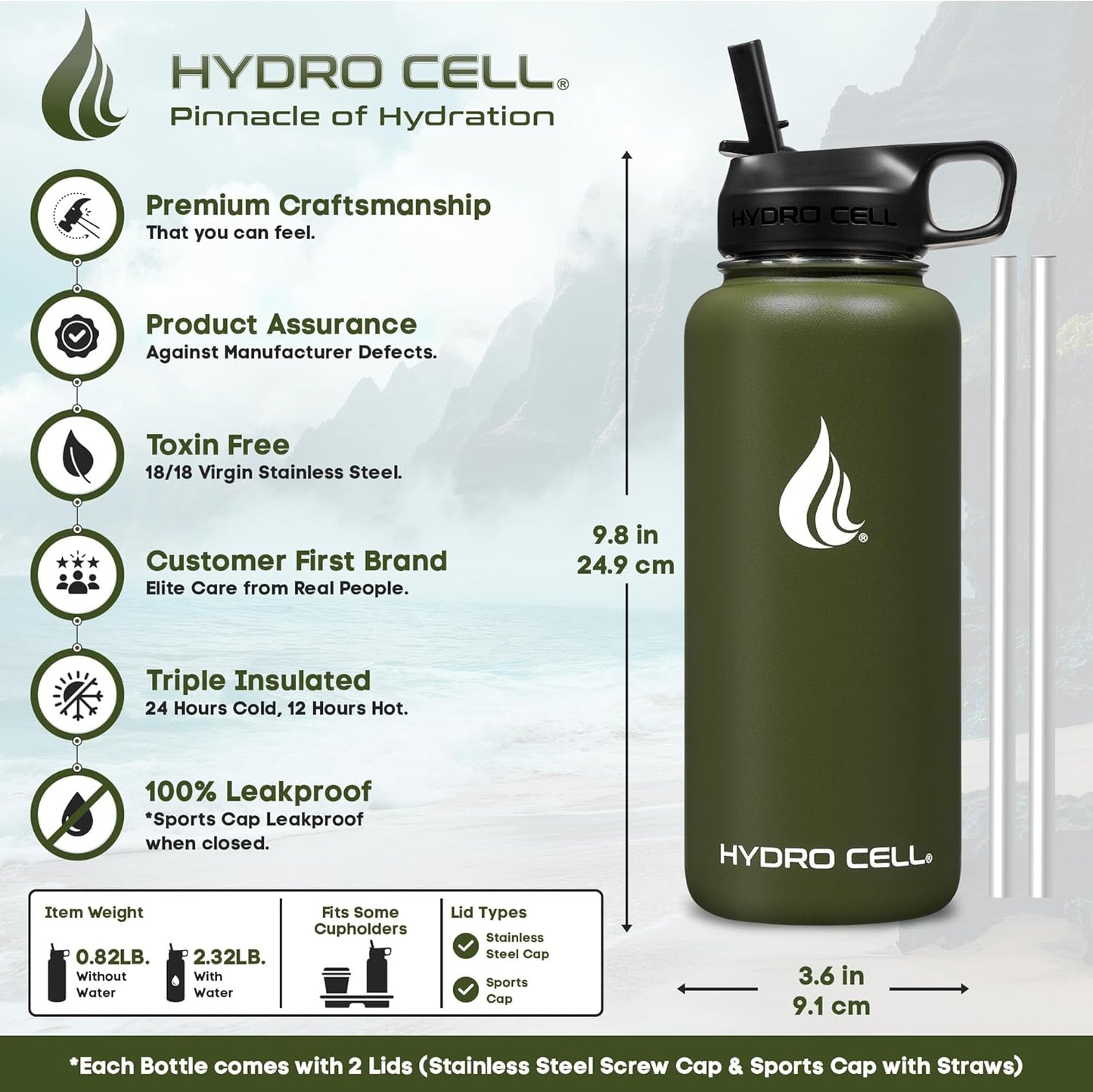 HYDRO CELL Stainless Steel Insulated Water Bottle with Straw - For Cold & Hot Drinks - Metal Vacuum Flask with Screw Cap and Modern Leakproof Sport Thermos for Adults (Army 32oz)