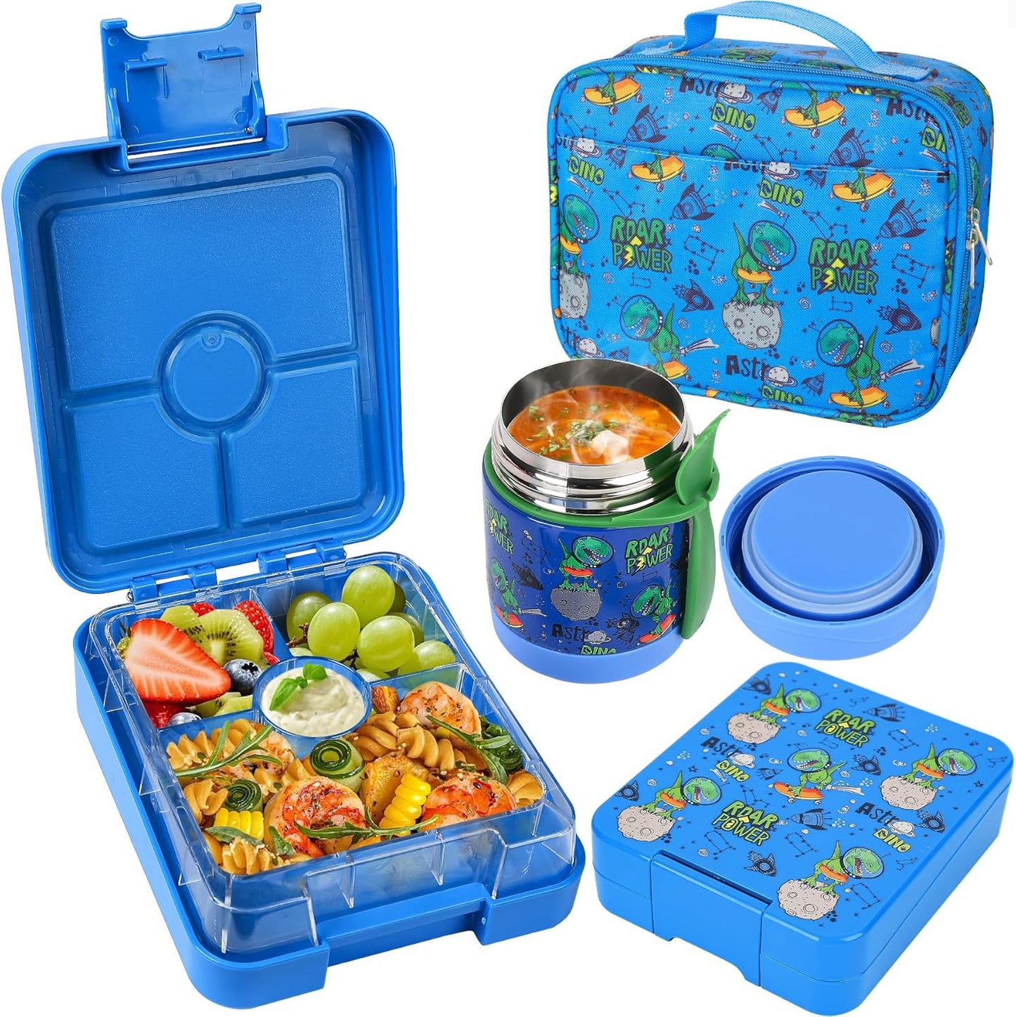 Bento Lunch Box Set With 10oz Soup Thermo, Leak-proof Lunch Containers with 4 Compartment, Kids Hot Thermo Food Jar/Insulation Lunch Bag, Food Containers for School（Dinosaur）