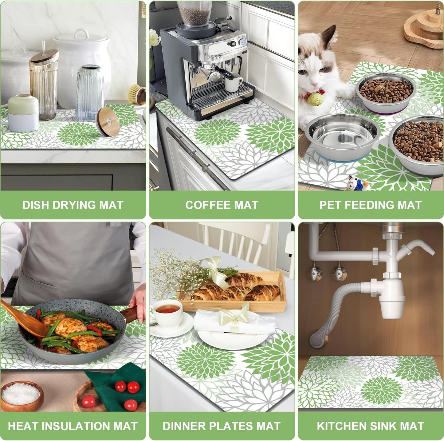 Findosom 2PCS 17" x 32" Dish Drying Mat & 24" x 5.5" Sink Splash Guard, Super Absorbent & Cuttable Dish Mat Drying Kitchen Mat with Green Floral, Hide Stain Drying Mat for Kitchen Counter