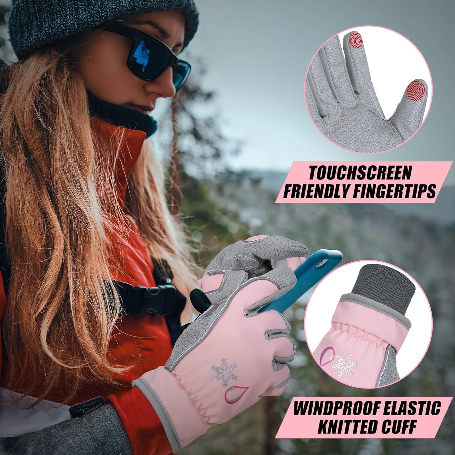 HANDLANDY Winter Insulated Work Gloves, 3M Thinsulate Thermal Water-Resistant Gloves for Men Women Touch Screen, Warm Ski Snowboard Cold Weather Gloves (Pink Grey, Large)