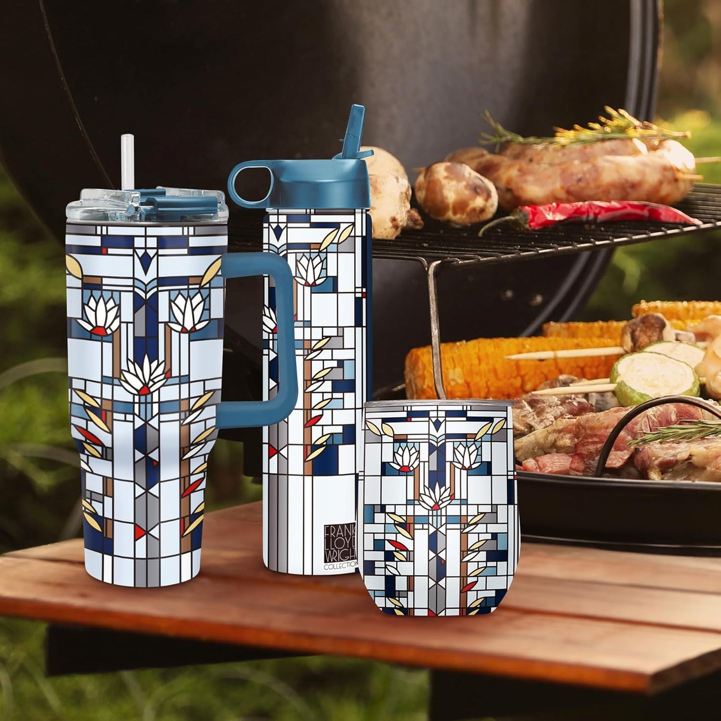 RainCaper 18/8 Stainless Steel Insulated Water Tumbler with Straw | 30oz, BPA-Free, Double Wall for Hot & Cold | Travel-Friendly, Cup Holder Ready (Frank Lloyd Wright Waterlilies)