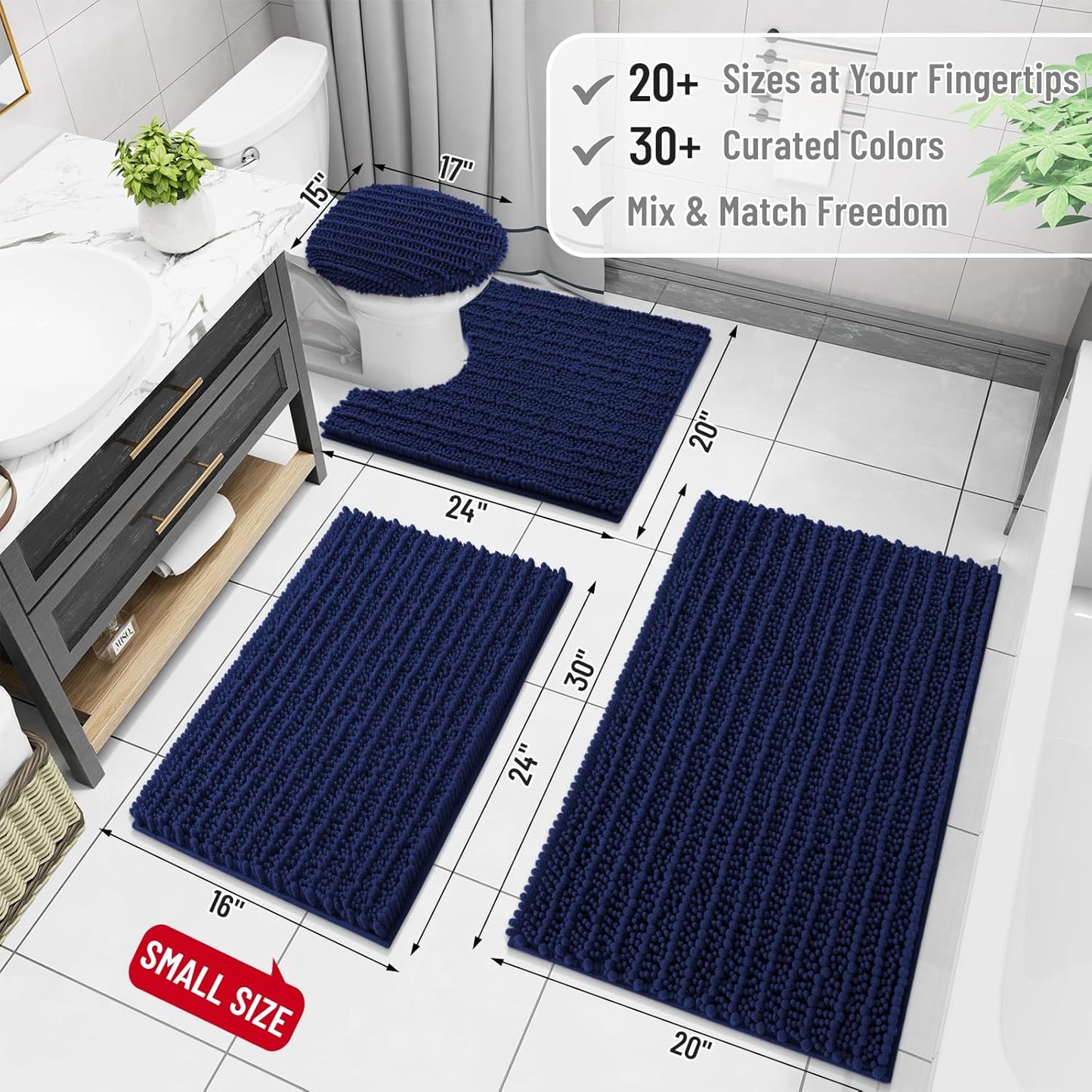 Arotive Luxury Chenille Bathroom Rug Mat, Extra Soft Thick Absorbent Shaggy Bath Rugs, Non-Slip Machine Wash Dry, Plush Bath Mats for Bathroom, Shower and Tub, 34x21, Navy