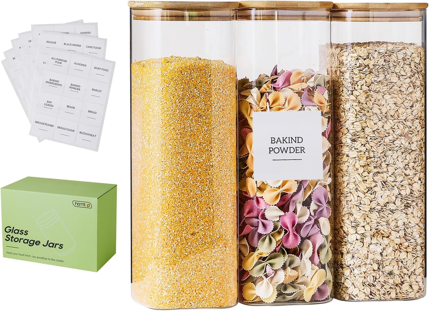 Glass Jars with Bamboo Lids 3 Pack, 74 Oz Airtight Square Storage Container, High Borosilicate Glass Kitchen Canisters for Soild food, Nuts/Cookies/Sugar/Pasta