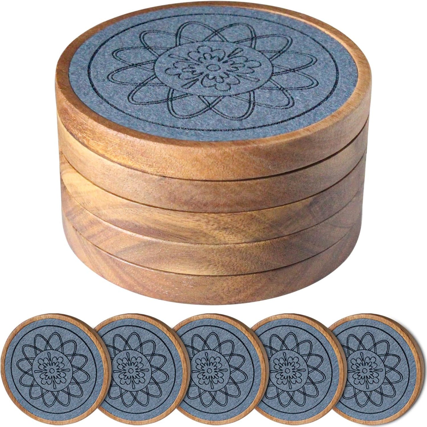 Wood Coasters for Drinks, Absorbent Coaster Sets of 5, Drinks Coasters for Coffee Tabletop Protection, Non-Slip, Non-Stick, Suitable for Kinds of Cups Wooden Table Hot or Cold Drink, 4.3 Inches